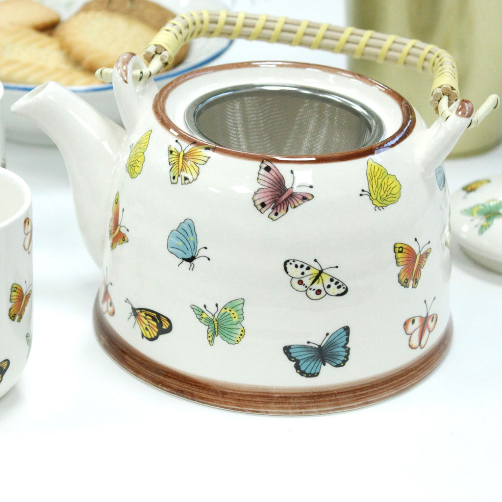 Herbal Teapot Set Butterflies with Six Matching Cups for Tea Lovers