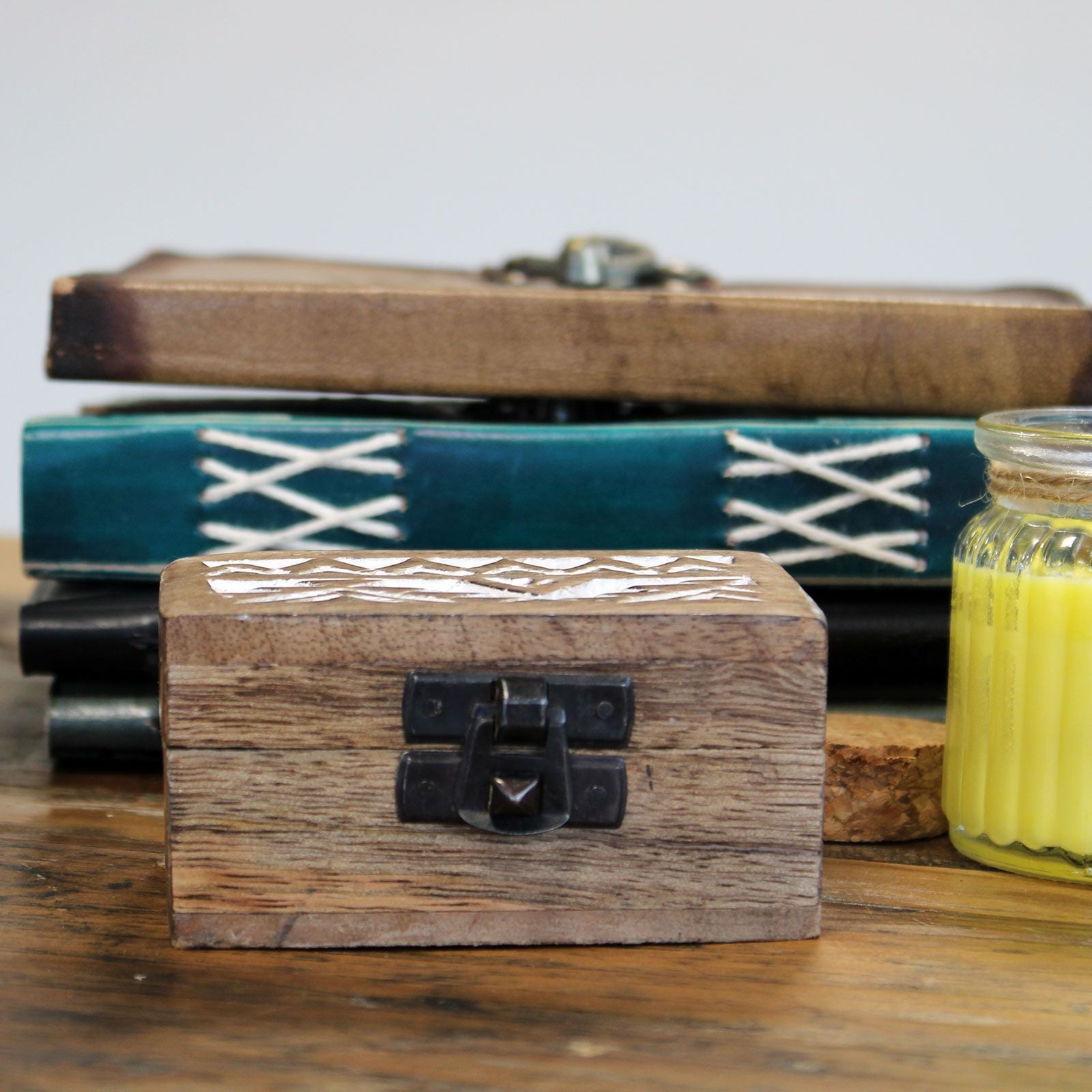 White Washed Wooden Box with Aztec Design for Stylish Storage