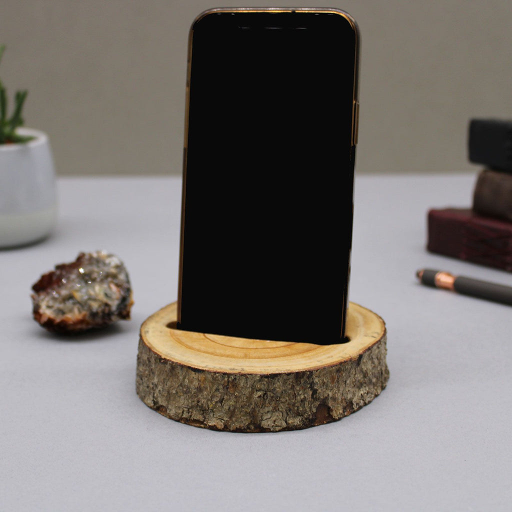 Small Log Phone Holder for Hands Free Use in Natural Wood Style