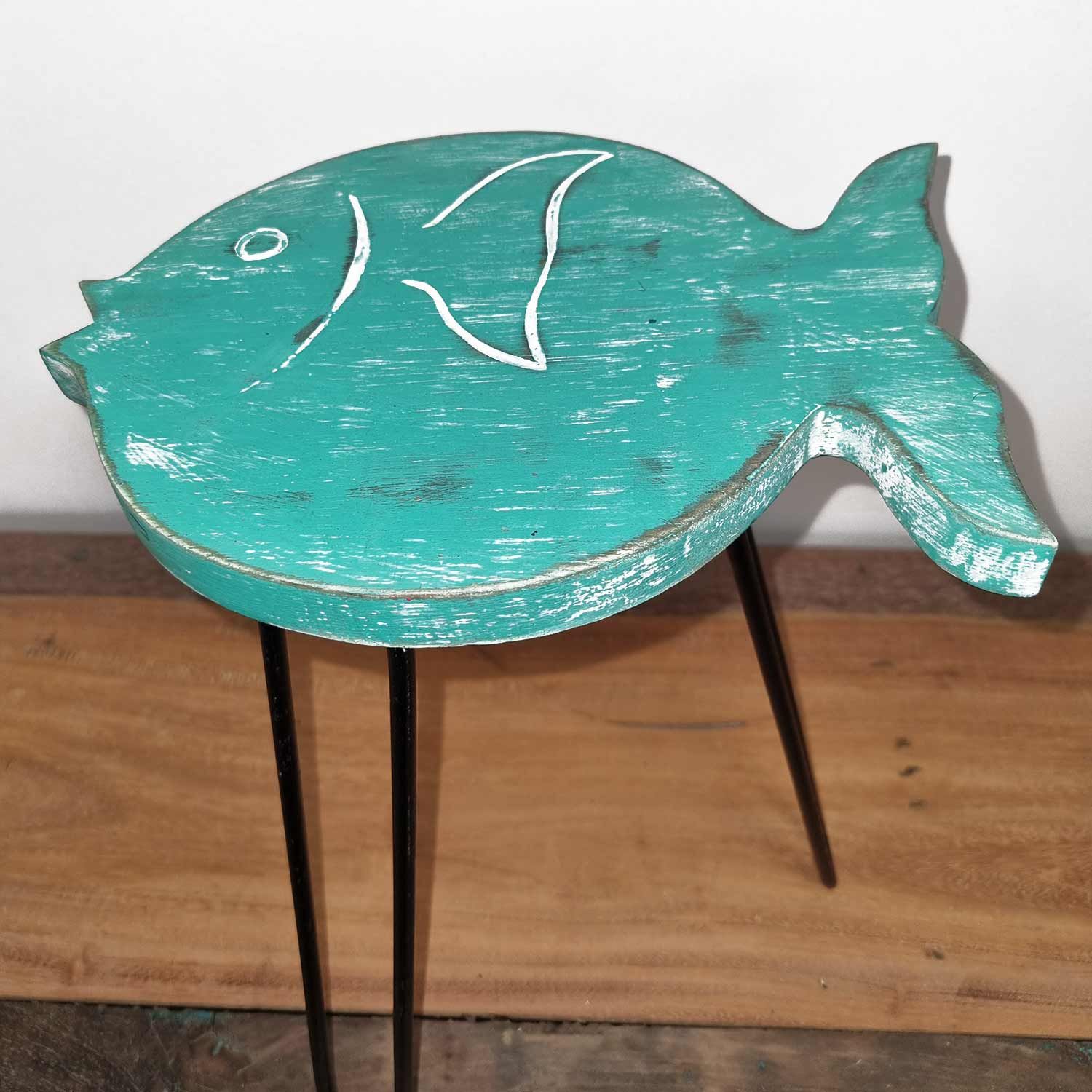 Albasia Wood Fish Stand in Turquoise for Plant Display