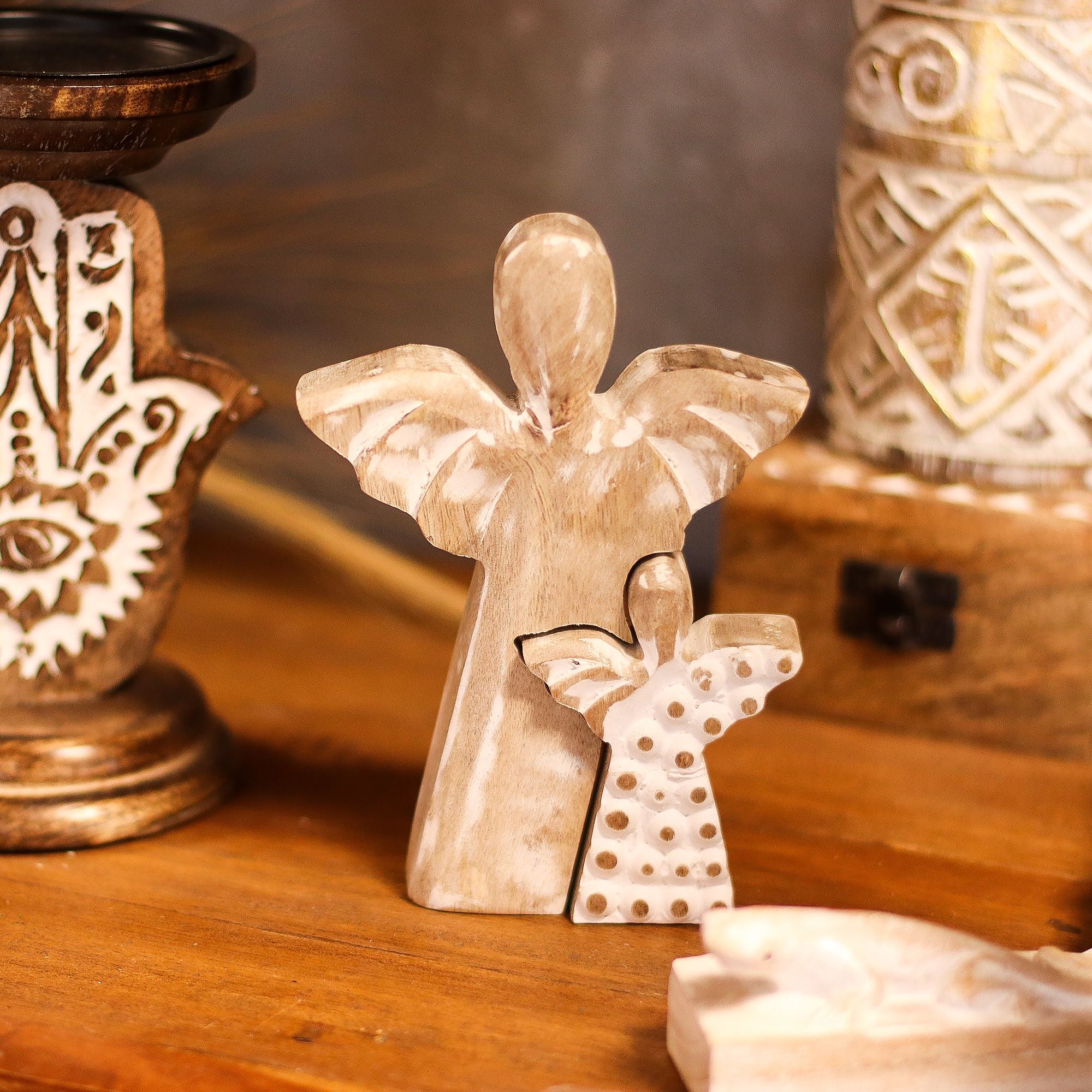Mango Wood Angel Figurine in Whitewash Finish for Home Decor