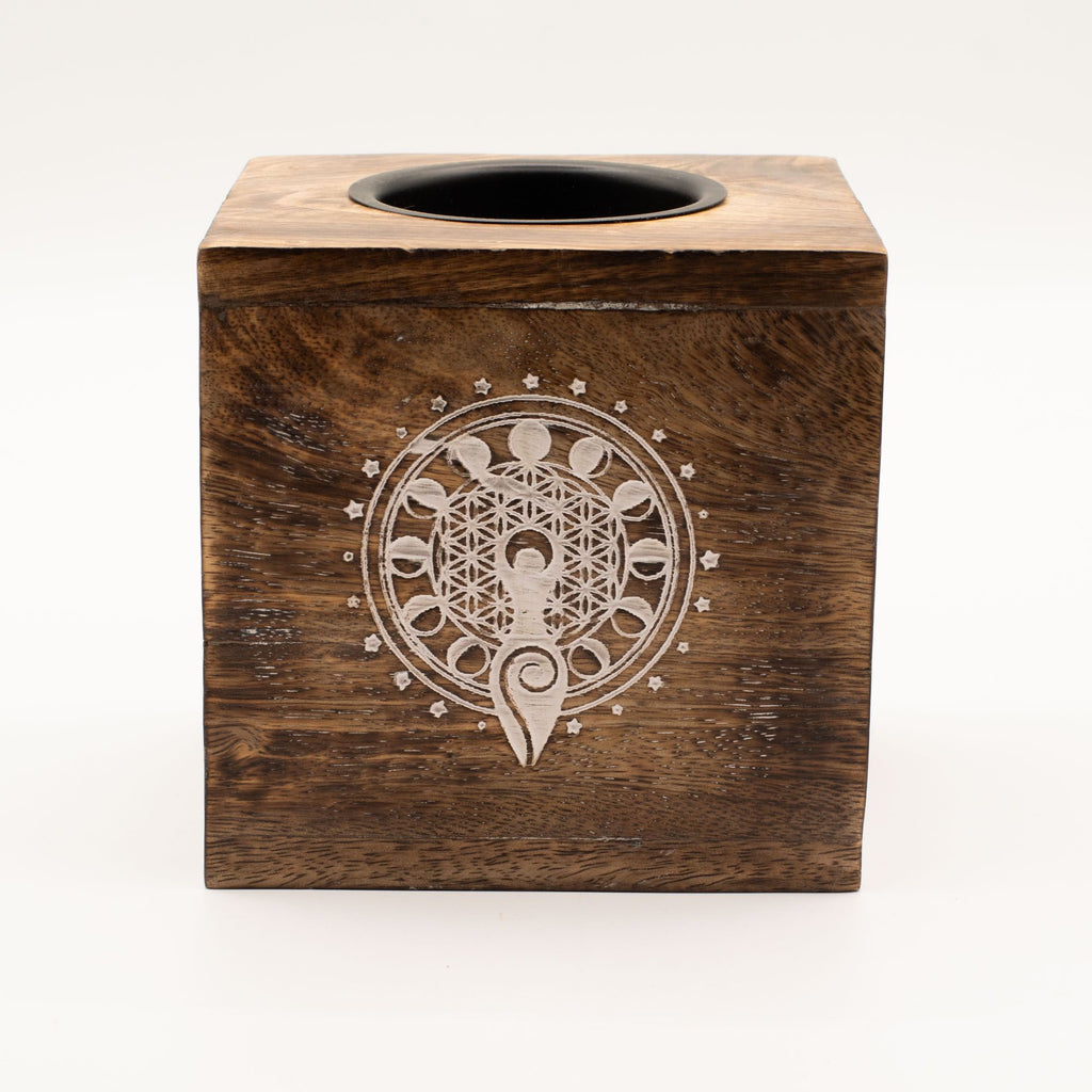 Large Square Mango Wood Oil Burner with Moon Goddess Design