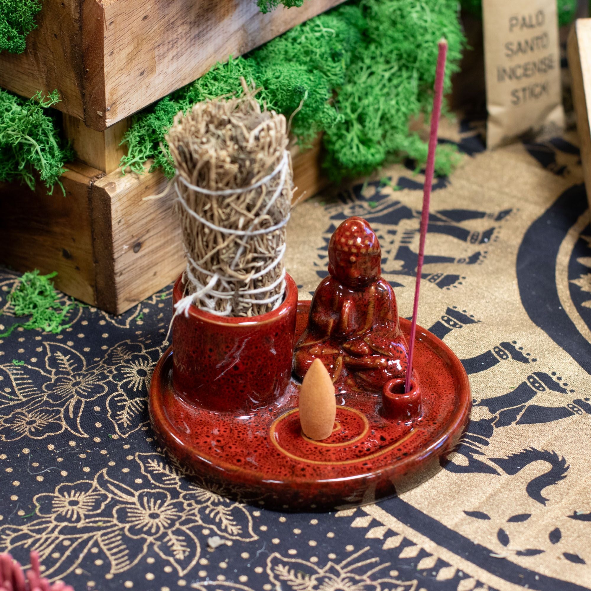 Multi Purpose Buddha Incense Plate in Soft Red Ceramic Design