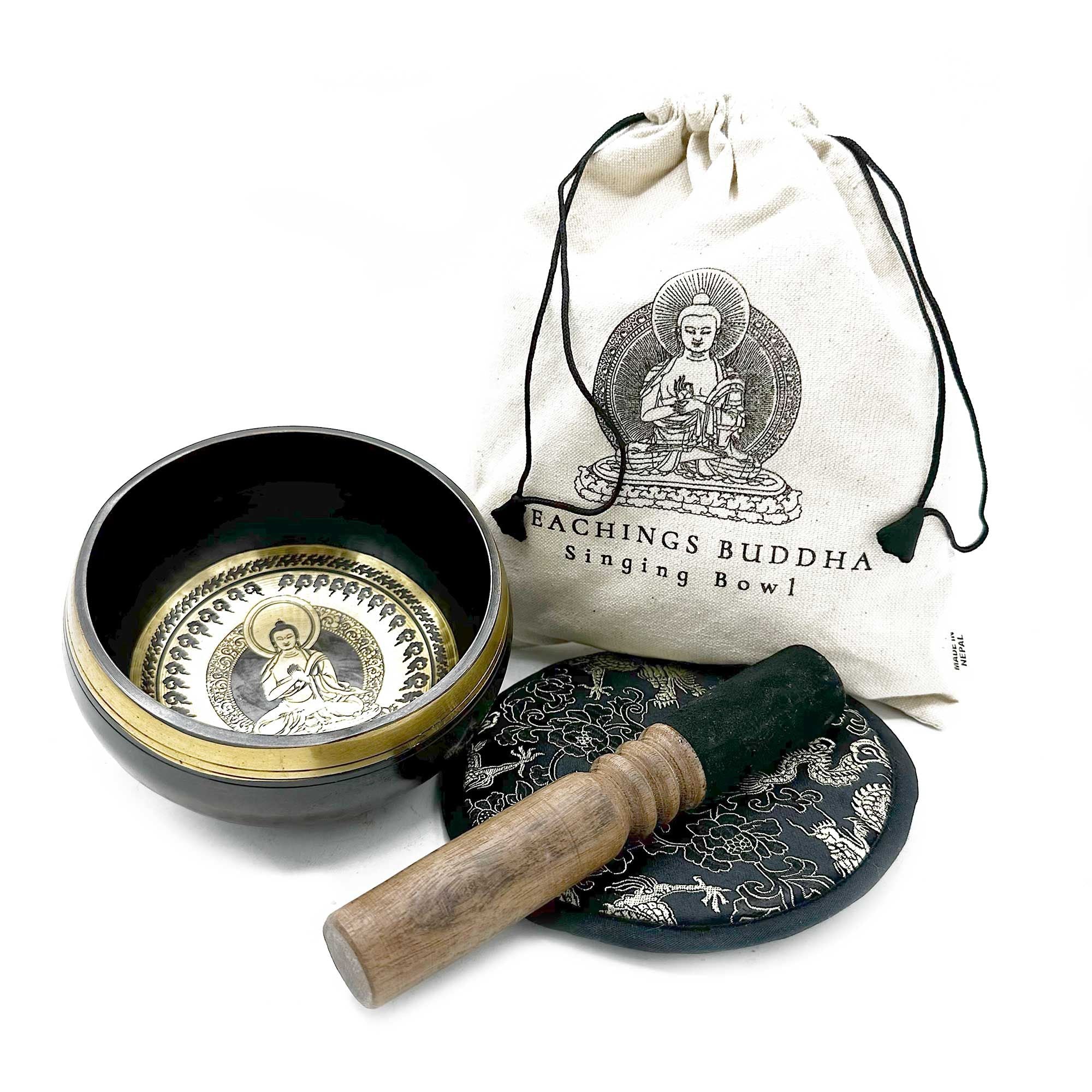 Hand Beaten Engraved Singing Bowl Gift Set 14cm with Buddha Design