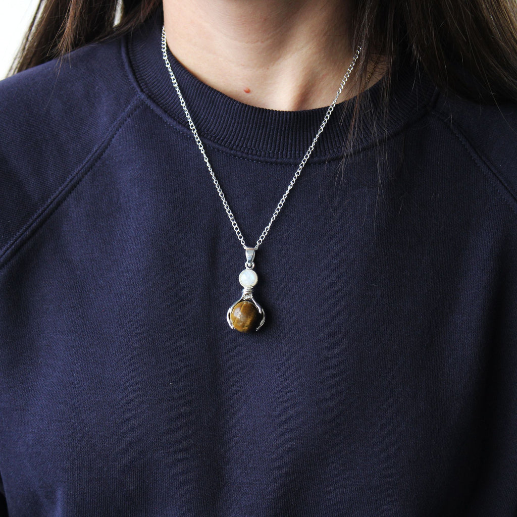 Gemstone Healing Hands Pendant with Tiger Eye and Silver Chain