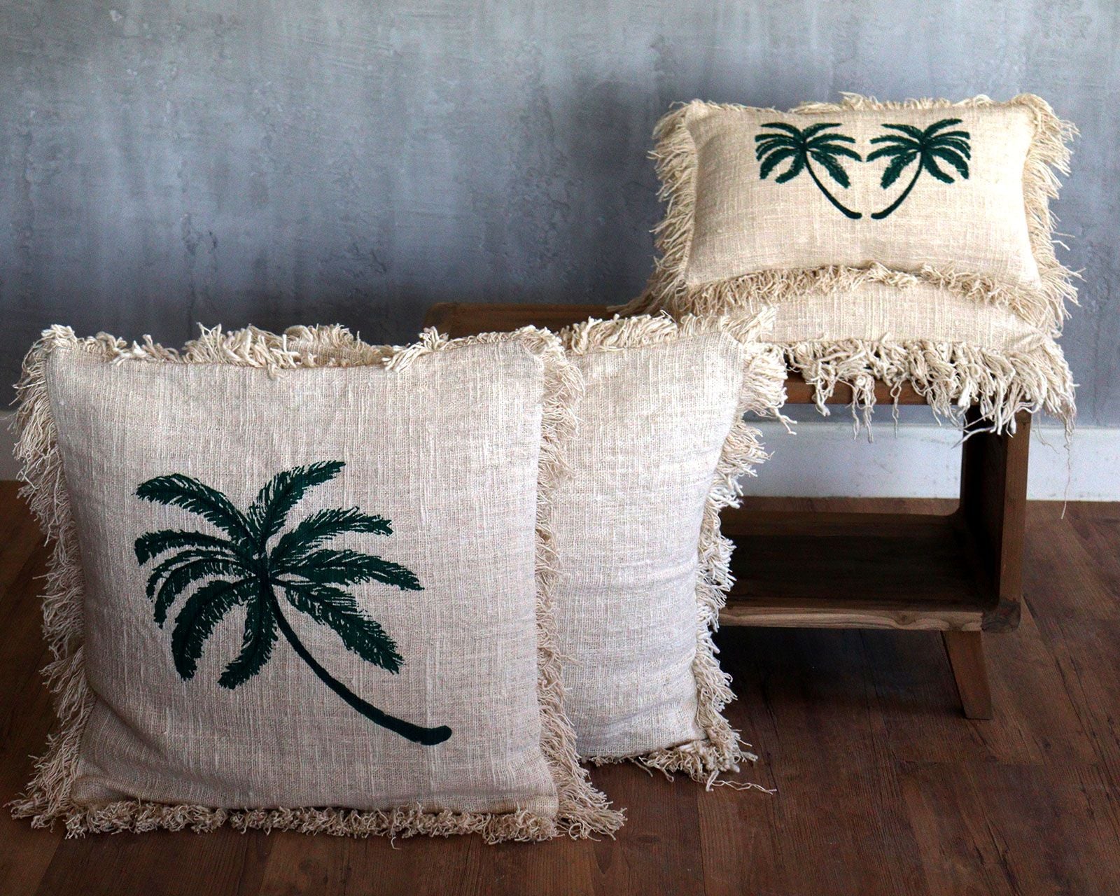 Linen Cushion Cover 45x45cm with Palm Tree and Fringe Design