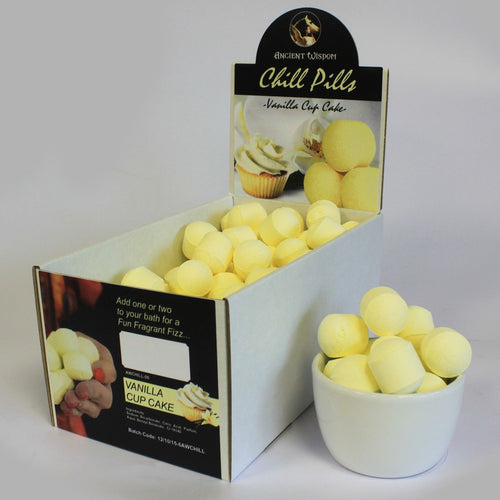 1.3Kg Box of Chill Pills Mini Bath Bombs with Vanilla Cup Cake Scent