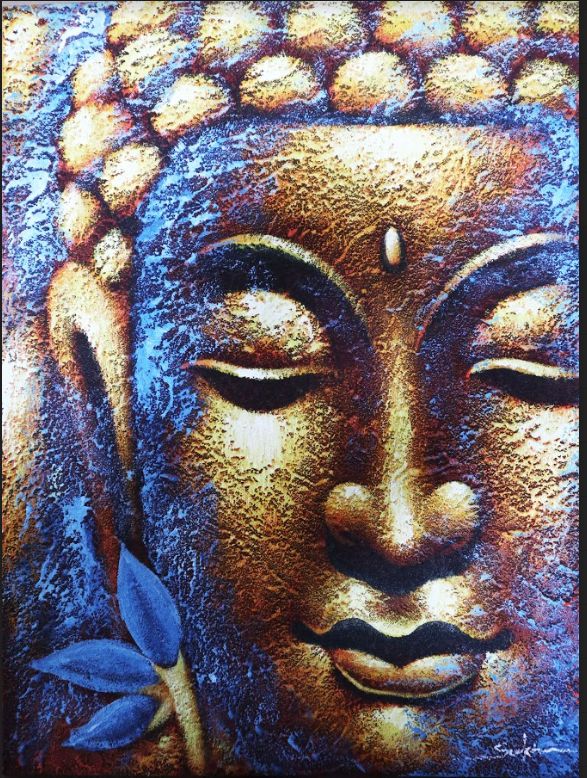 Buddha Painting with Gold Face and Lotus Flower for Elegant Home Decor