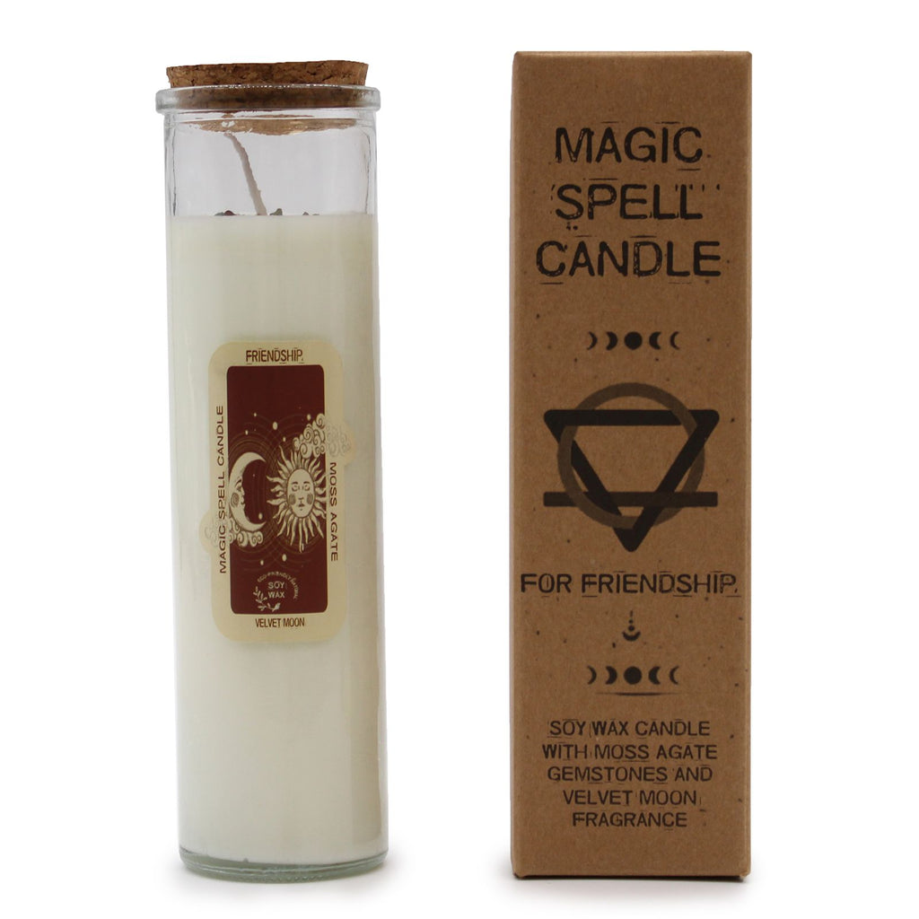 Magic Spell Candle Friendship with Moss Agate and Velvet Moon