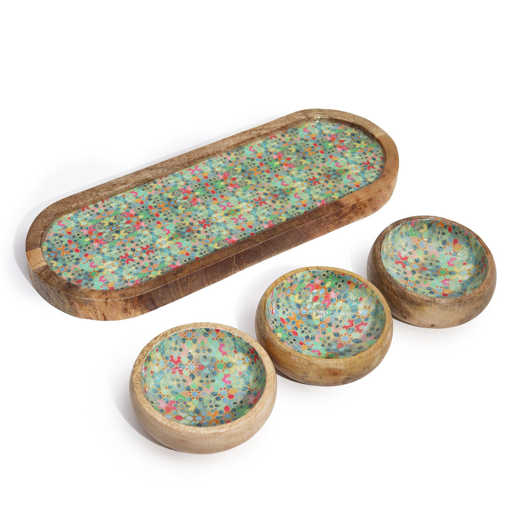 Mango Wood Serving Tray with 3 Ceramic Bowls Mediterranean Design