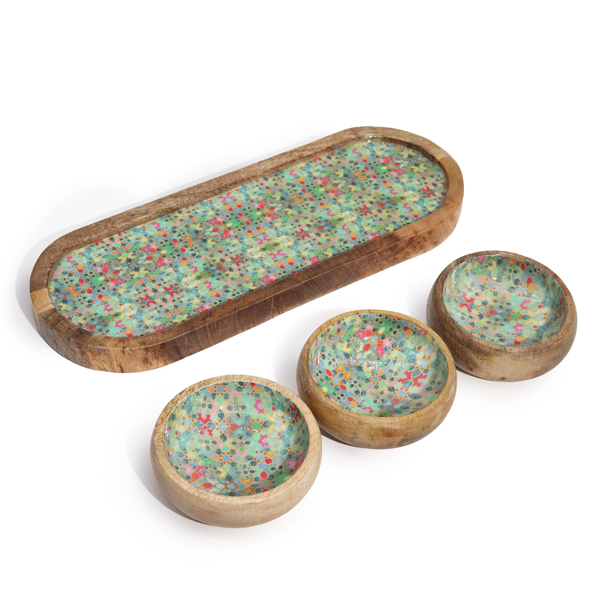 Mango Wood Serving Tray with 3 Ceramic Bowls Mediterranean Design