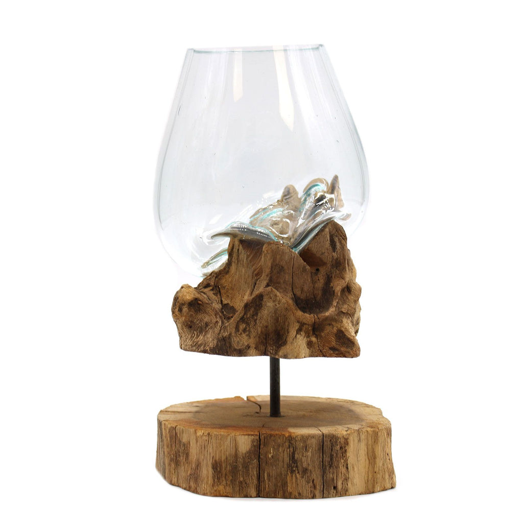 Molten Glass on Wood Large Bowl with Stand for Home Display