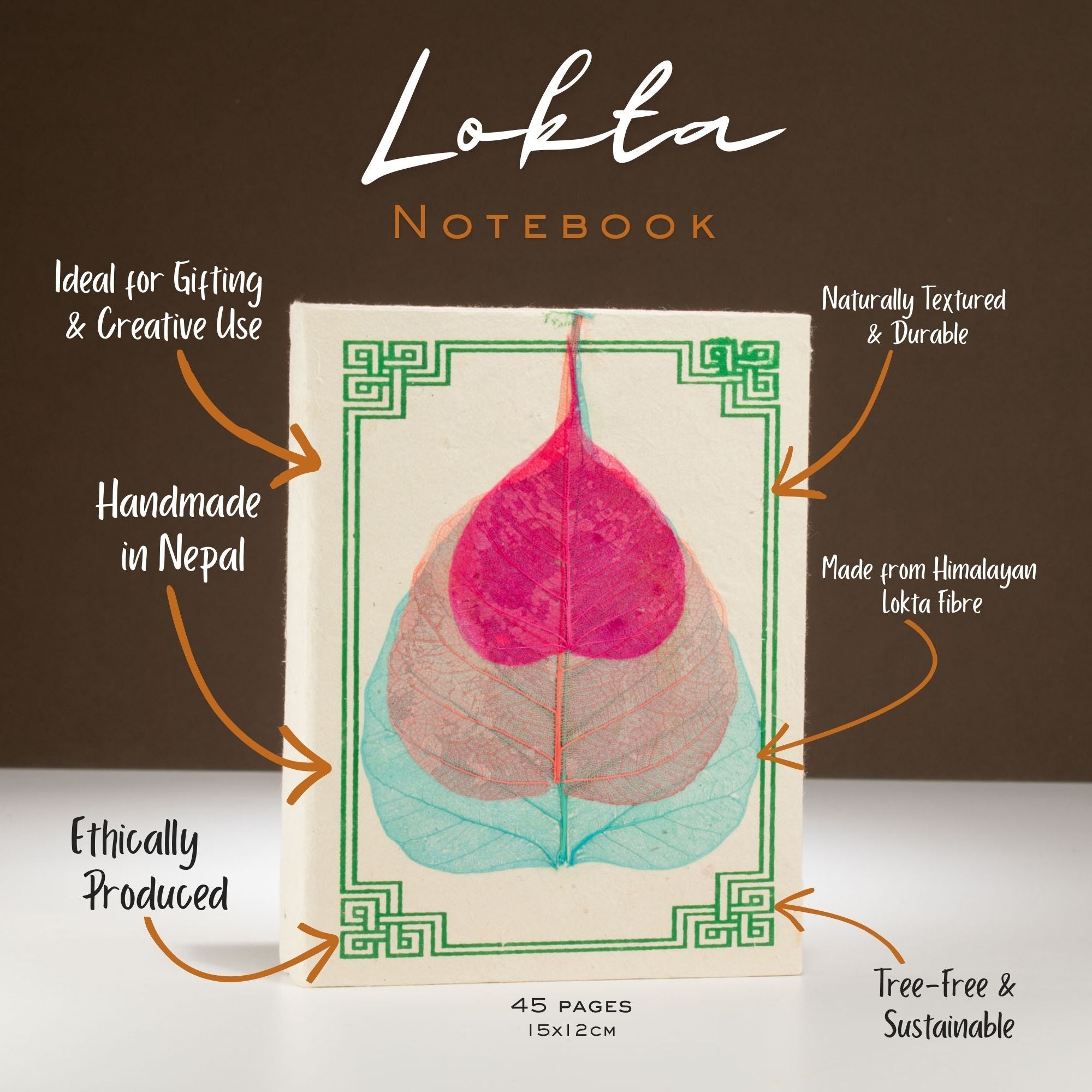 Lokta Bodhi Leaf Notebook Medium with 45 Unique Pages Each