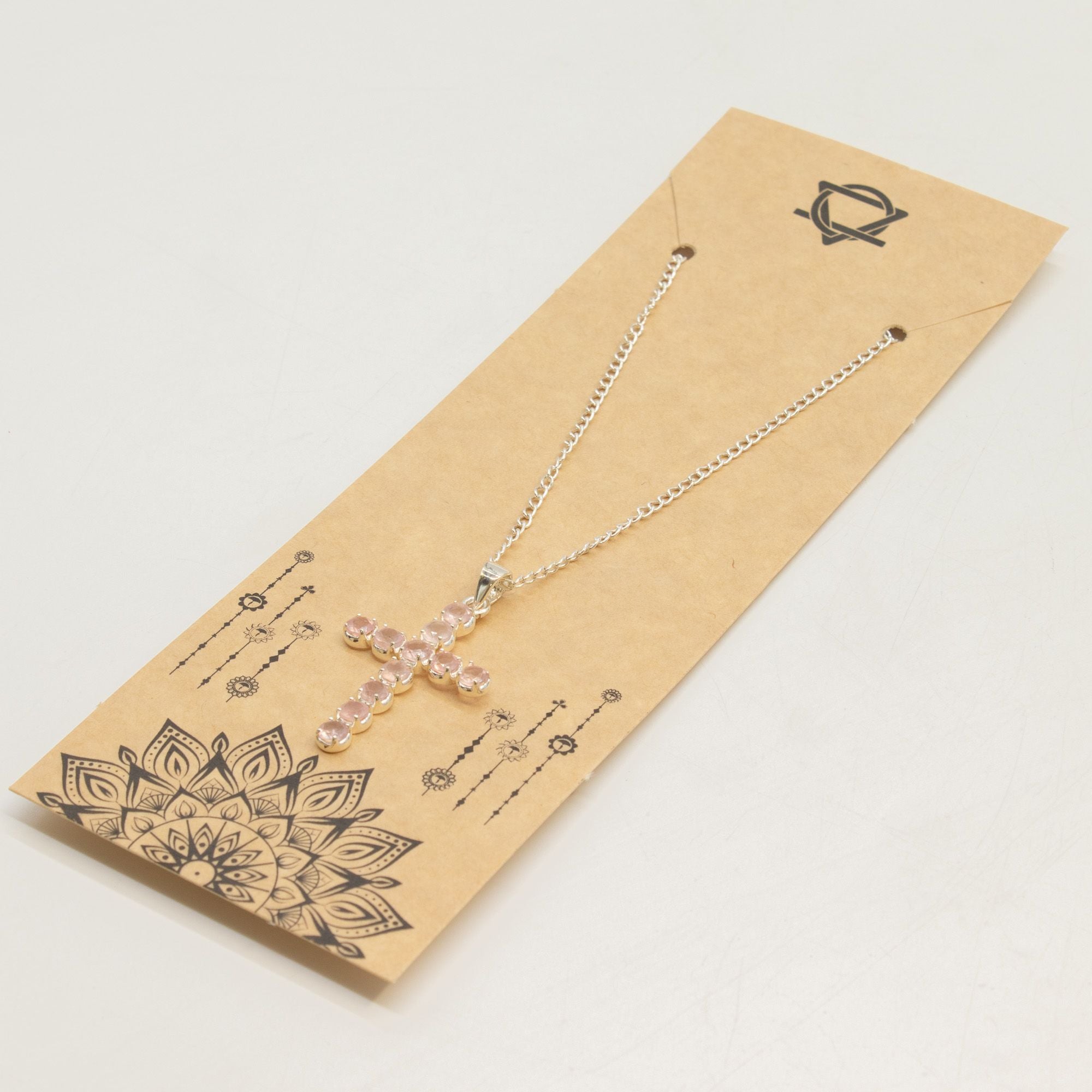 Indian Devotional Pendant - Silver Plated (45cm Chain)- Rose Quartz Crucifix