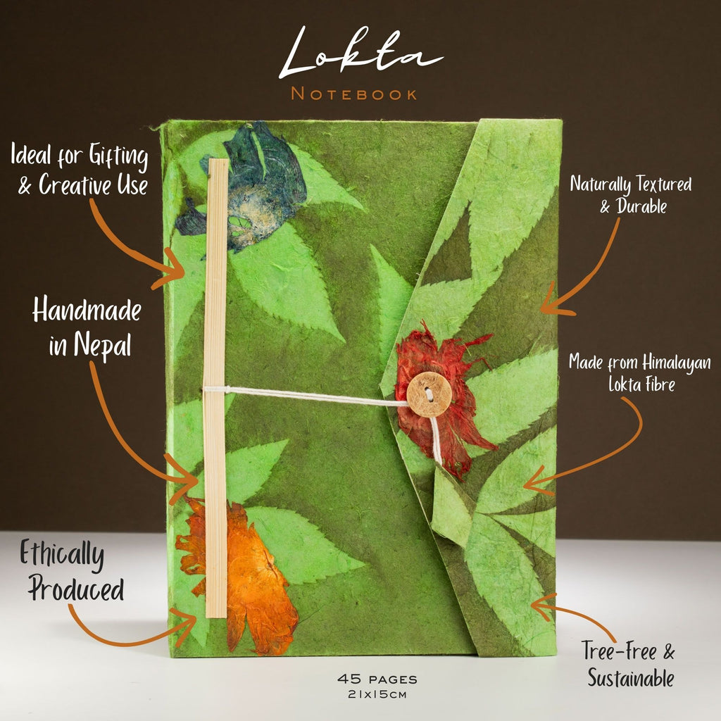 Lokta Large Bold Floral Notebook in Moss Green with Bookmark