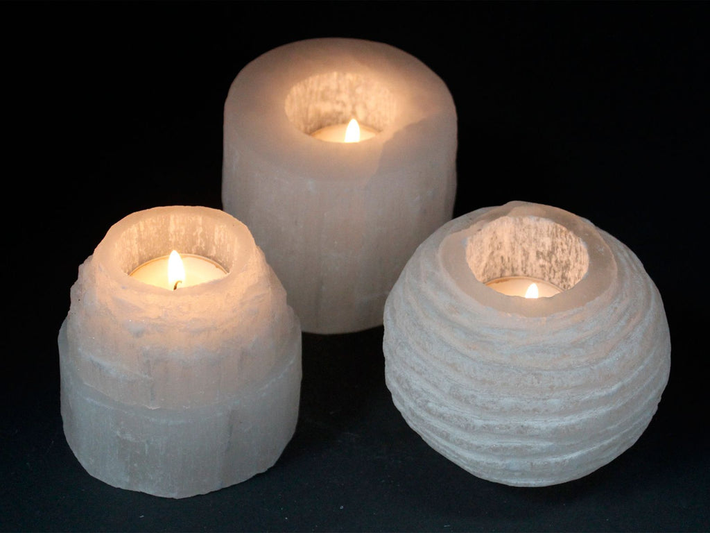 Selenite Mountain Top Candle Holder with Unique Crystal Design