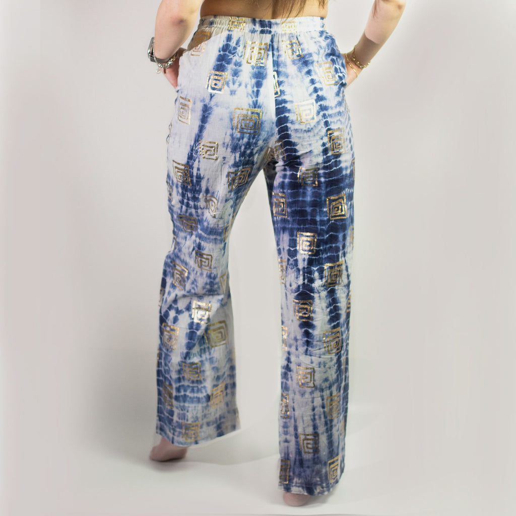 Nomad Sari Lounge Pants L/XL in Blue Tie Dye with Gold Motif