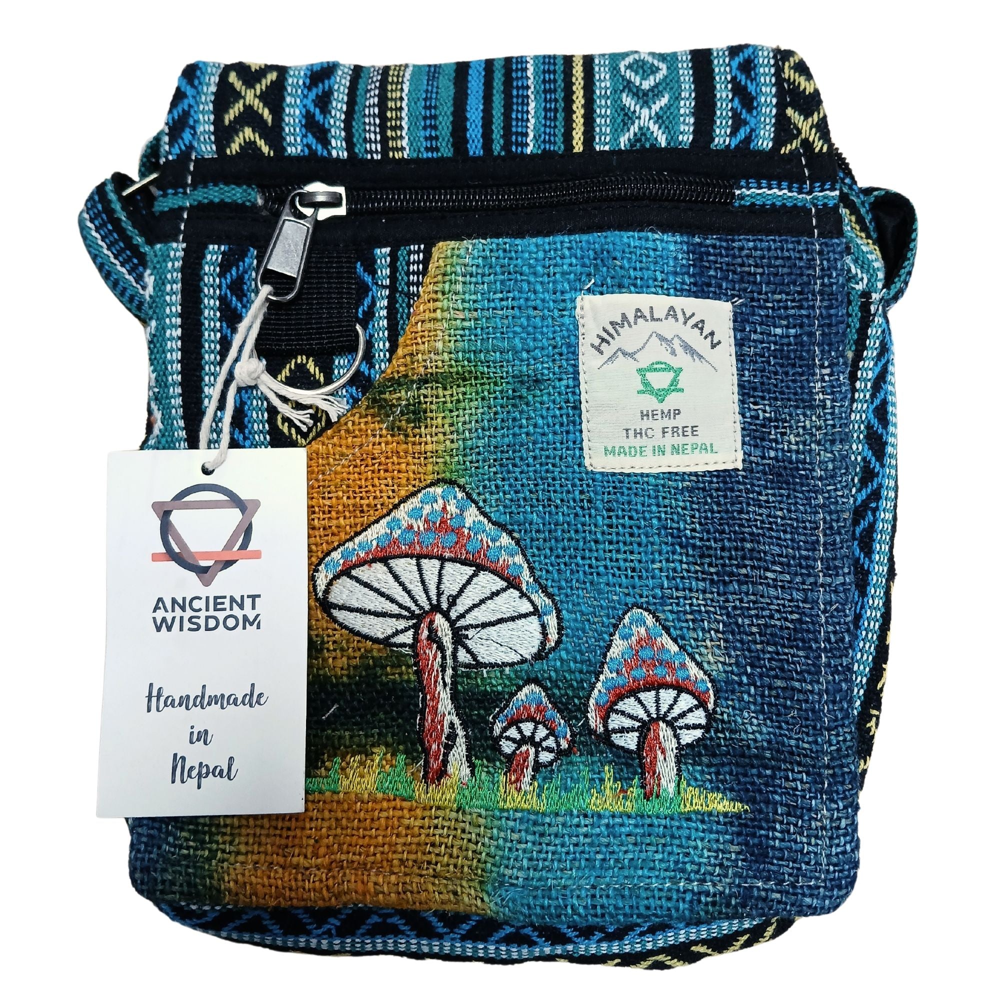 Hemp Embroidery Mushroom Party Bag with Green Mushroom Design