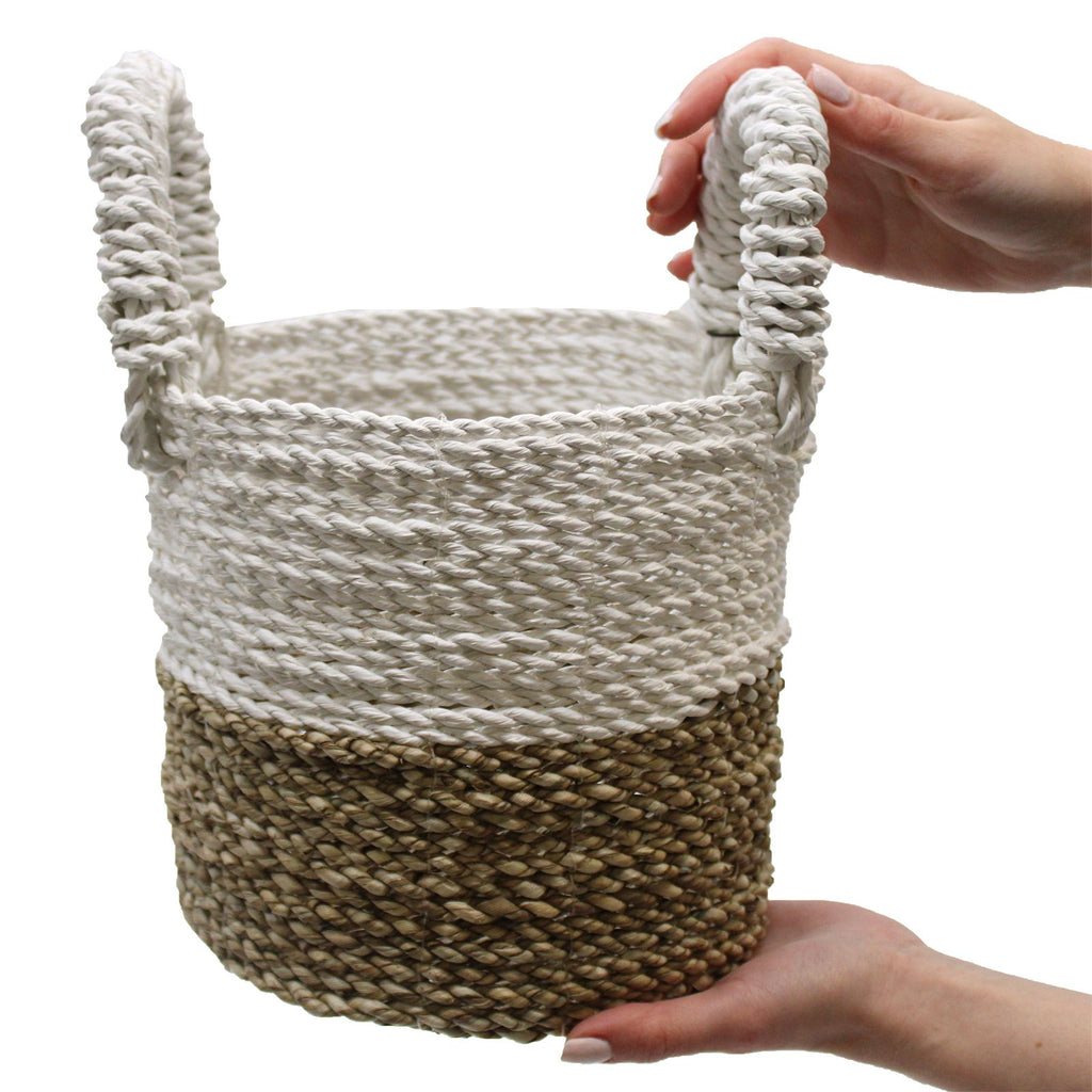 Stylish Seagrass Basket Set in Green Natural and White Design