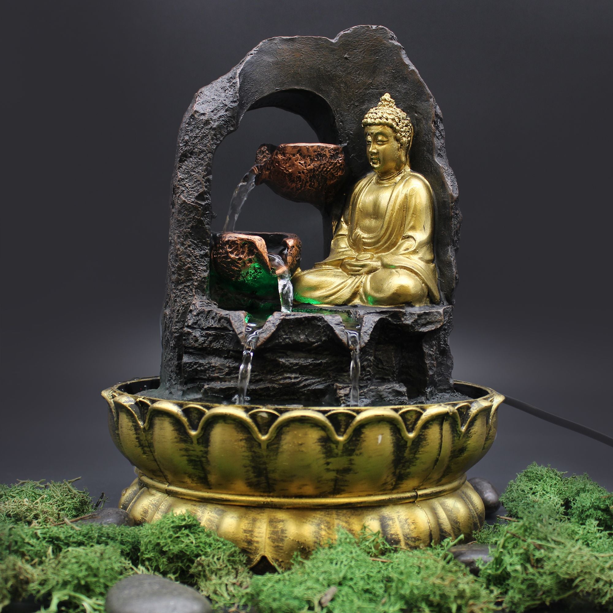 Golden Meditating Buddha Tabletop Water Feature 30cm for Decor