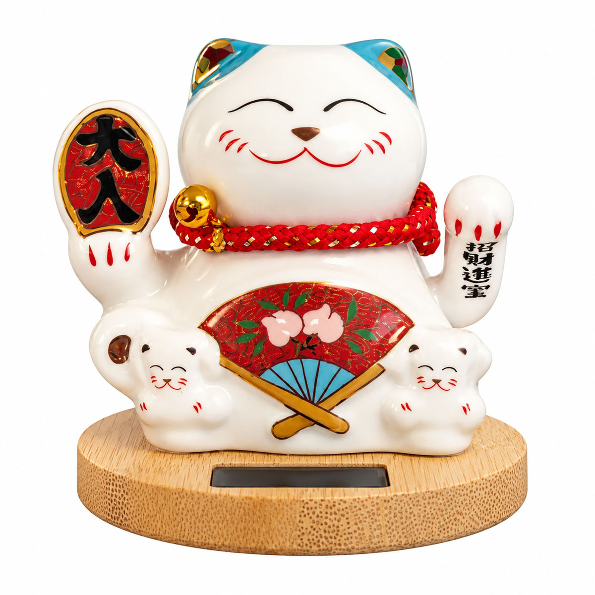 Solar Powered Japanese Lucky Cat on Wooden Base – Blue