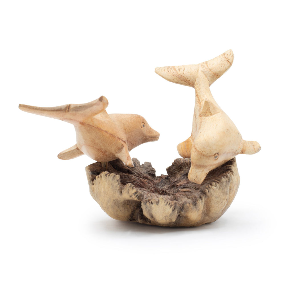 Handmade Parasite Wood Art Carving of Playful Dolphins in Motion