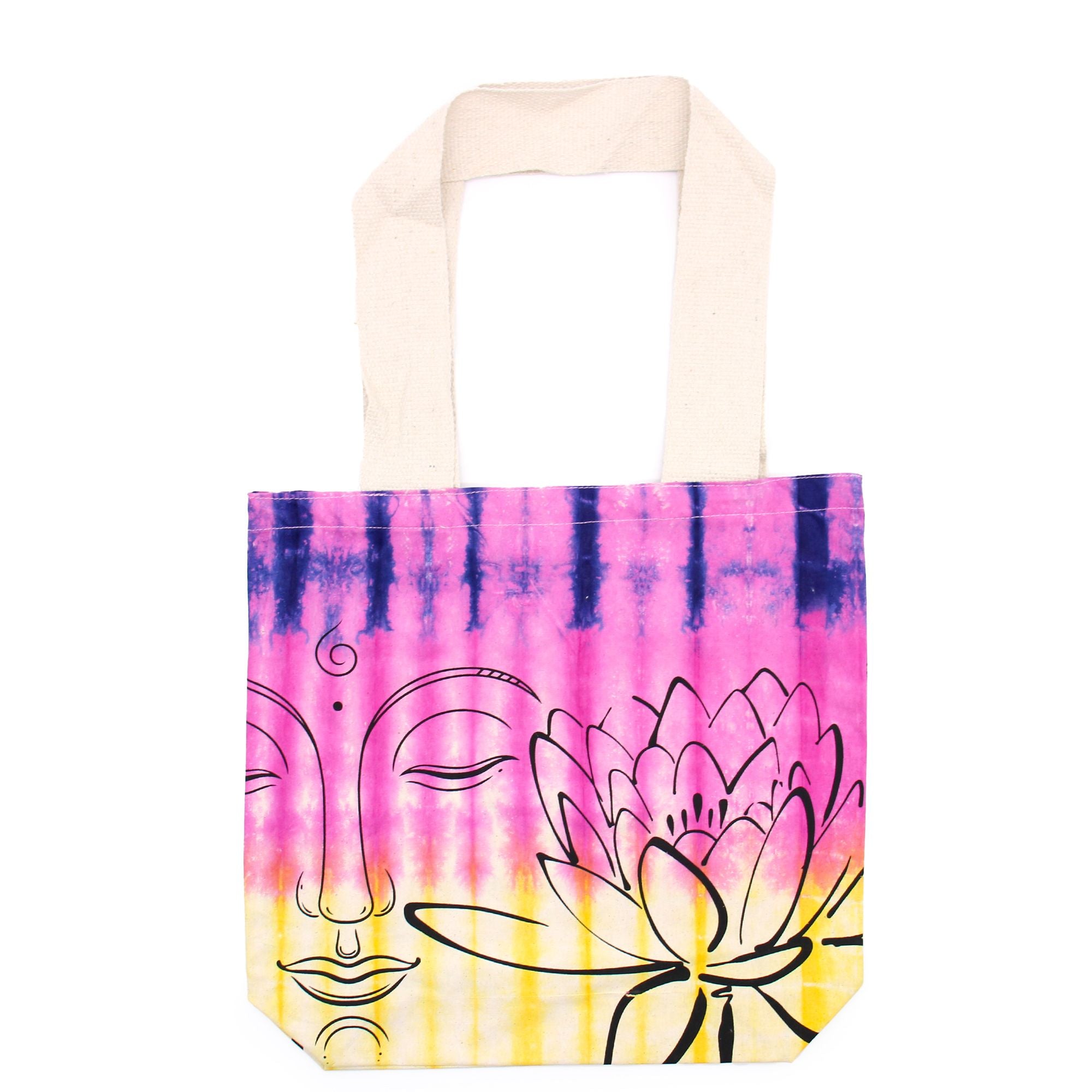 Unique Tye Dye Cotton Bag with Lotus Buddha Design and Handle