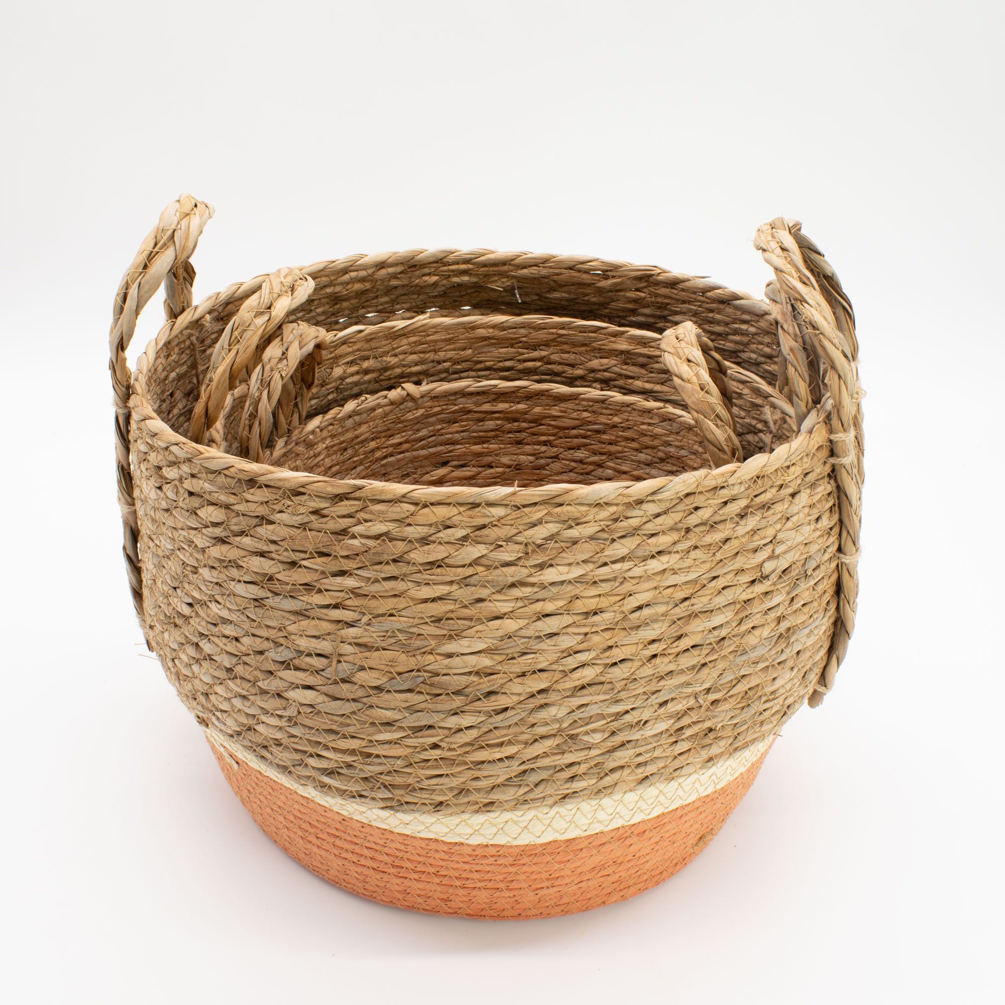 Straw and Seagrass Large Baskets Set of Three in Natural Orange