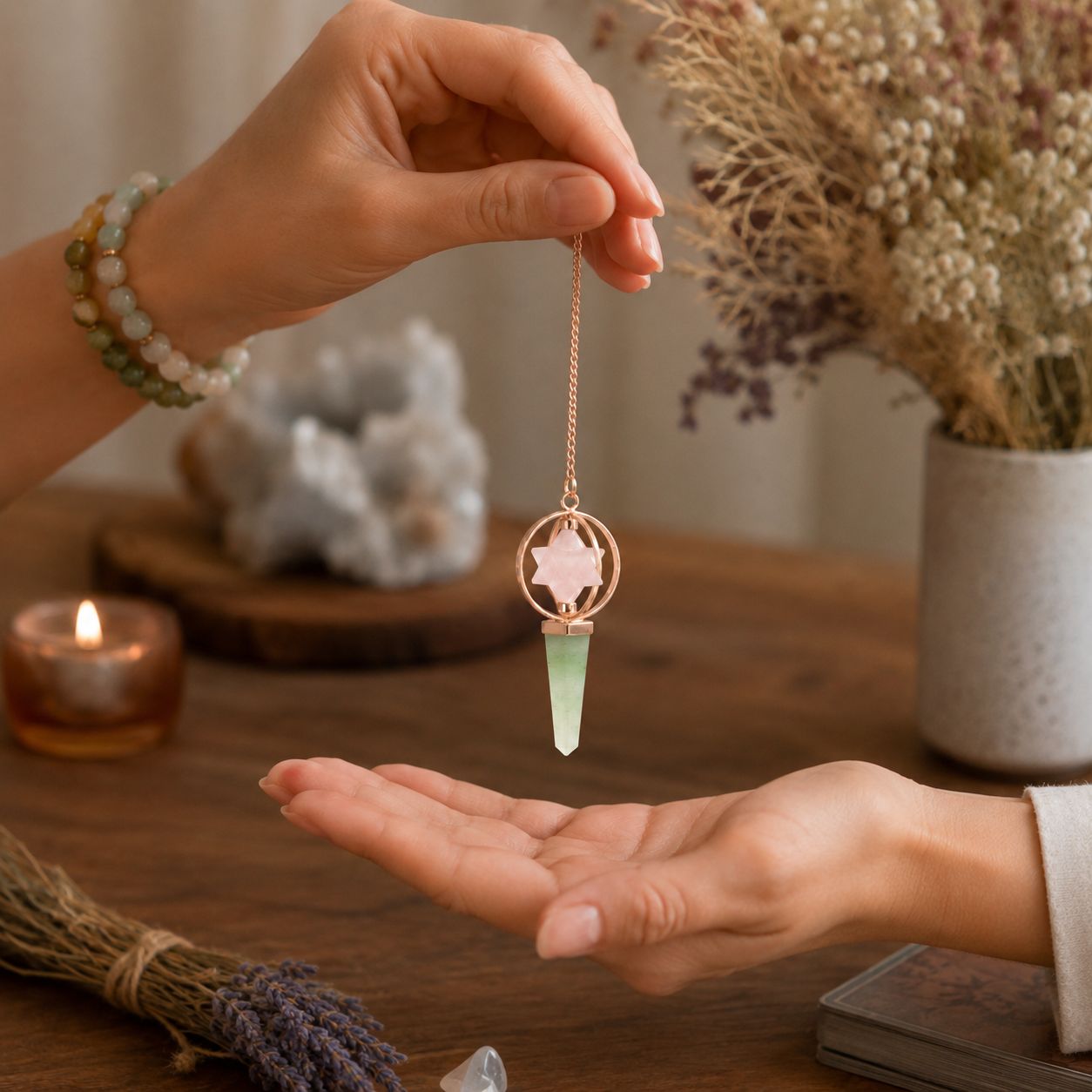 Heart Compass- Two Piece Spinning Merkaba Star in Copper Pendulum -  Rose Quartz & Green Aventurine