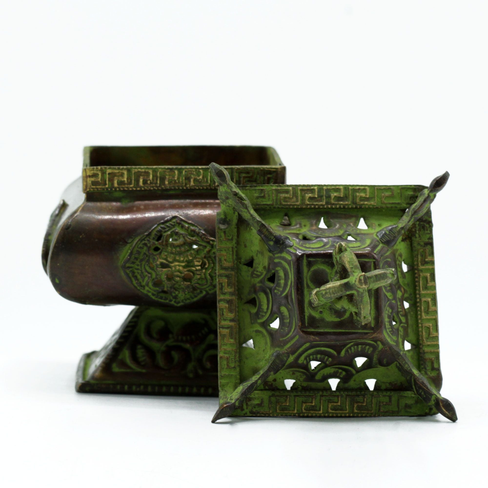 Brass Verdigris Tibetan Burner with Four Symbols Square Pot Design