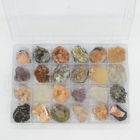 Mineral Specimens - Mixed Indian Zeolites in a Display (White Apophyllite, Stilbite,Finger Quartz, Amethyst, Green Stilbite, Heulandite)