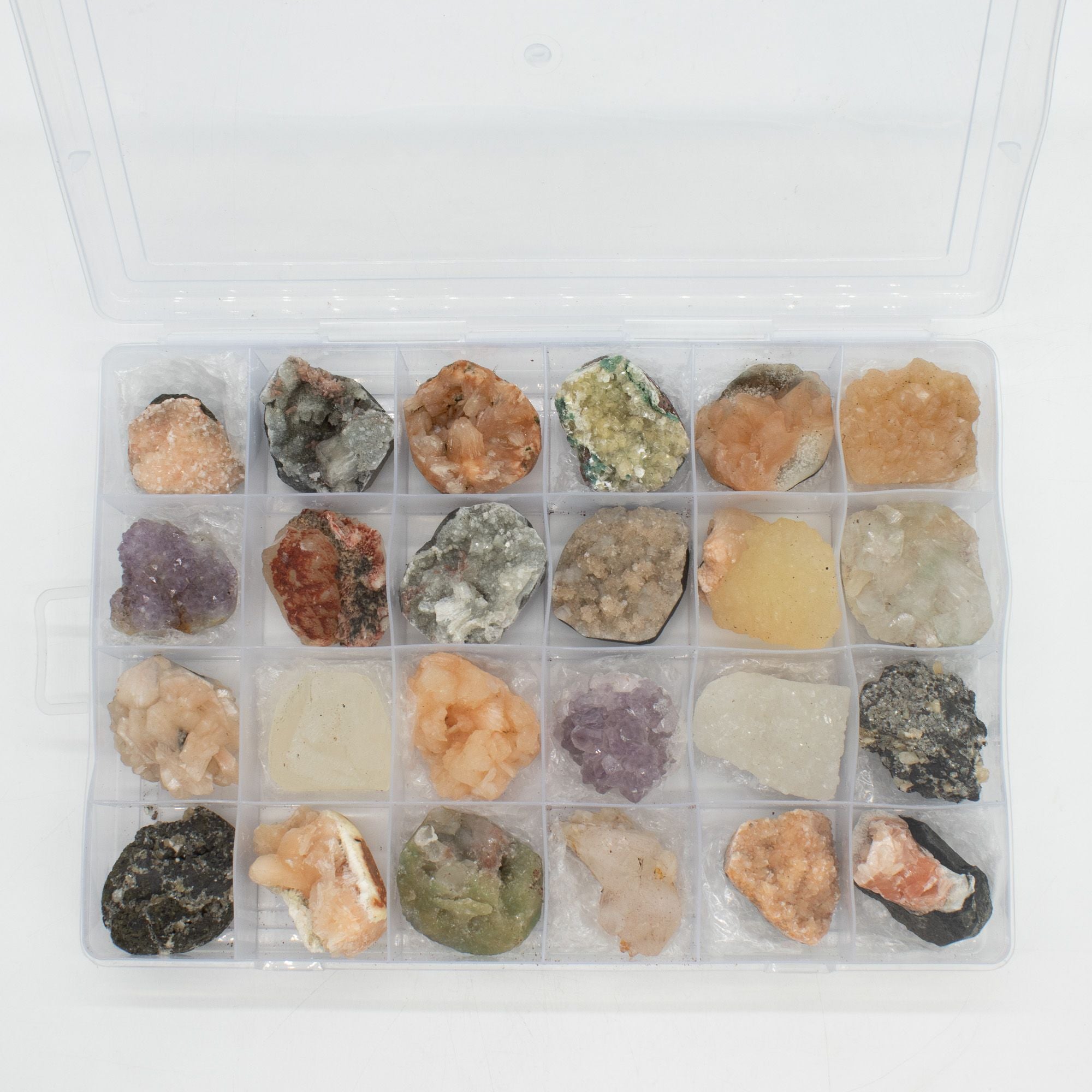 Mineral Specimens - Mixed Indian Zeolites in a Display (White Apophyllite, Stilbite,Finger Quartz, Amethyst, Green Stilbite, Heulandite)