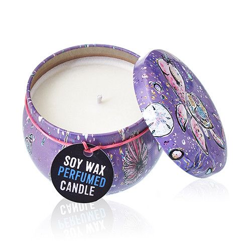 Art Tin Candle with Sea Life Design in Raspberry Scented Wax