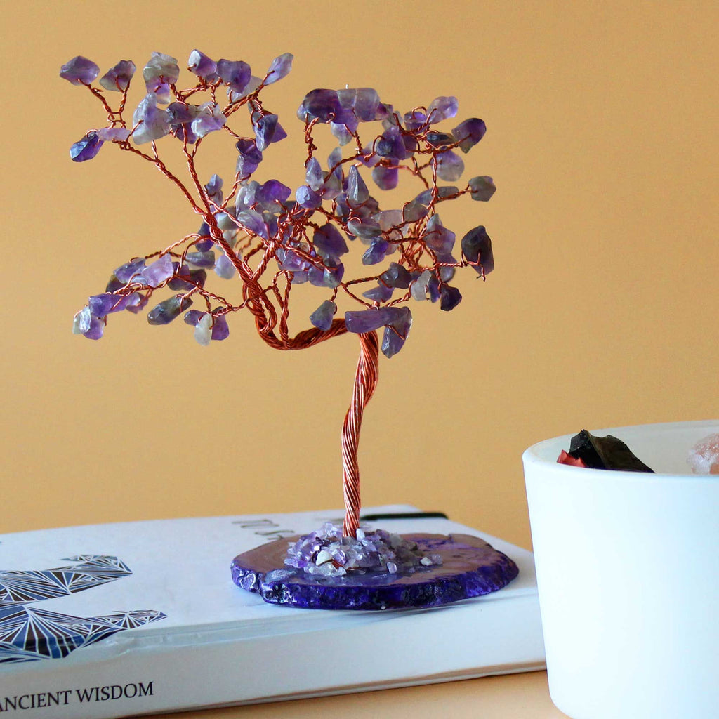 Large Amethyst Gemstone Tree on Natural Agate Base 100 Stones