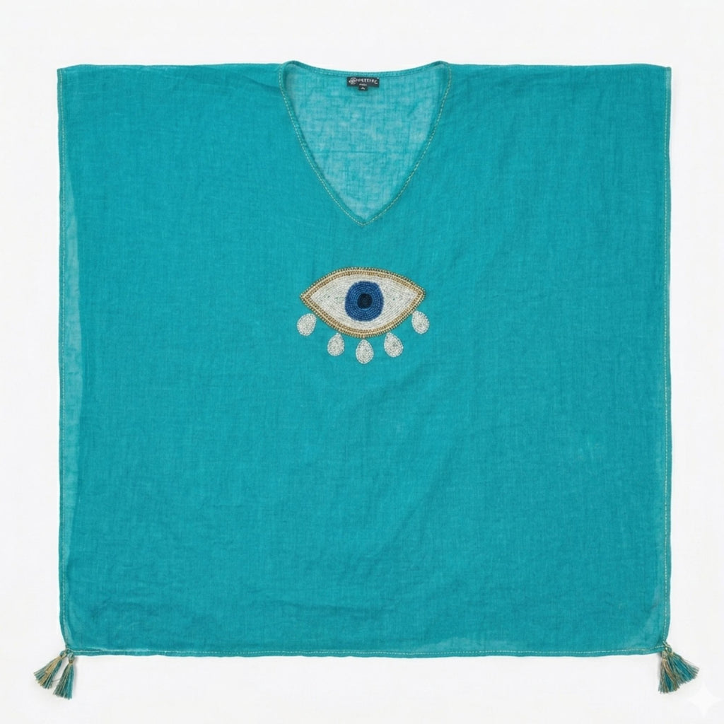 Turquoise Kaftan with Large Gold and White Evil Eye Design