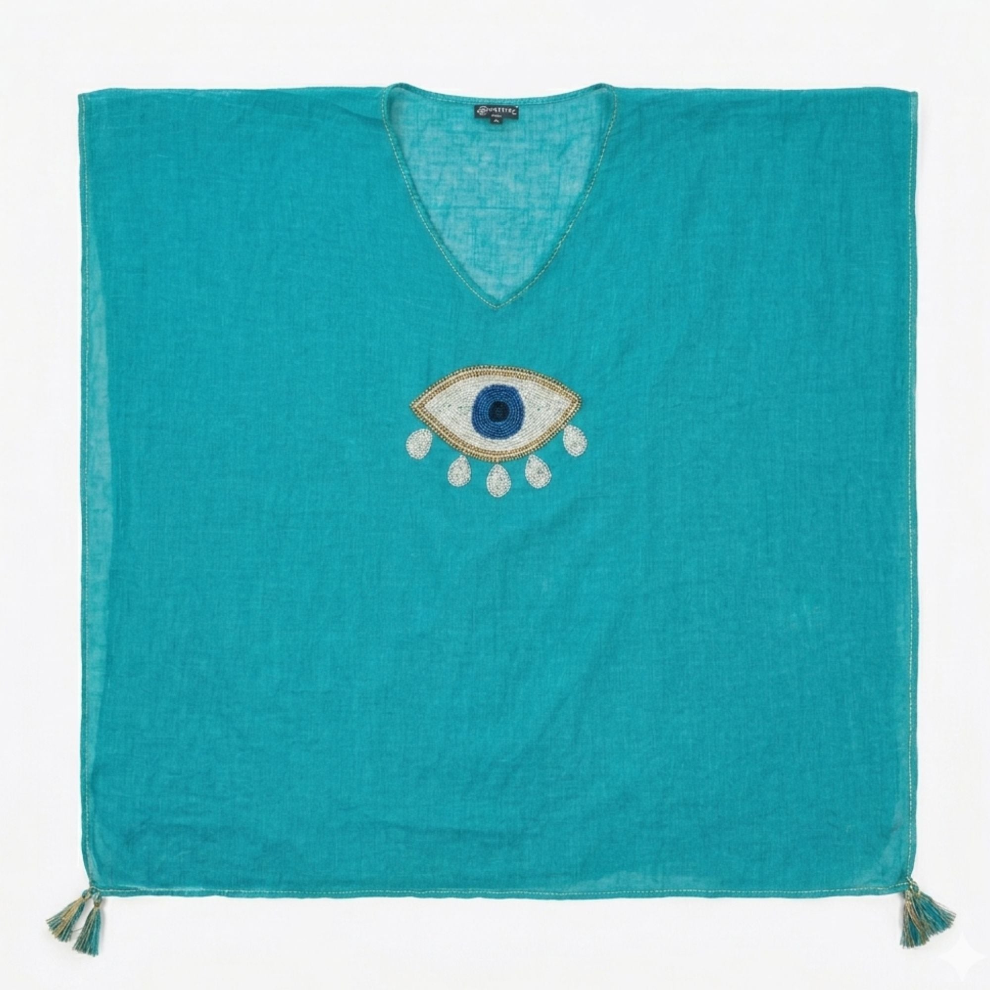 Turquoise Kaftan with Large Gold and White Evil Eye Design