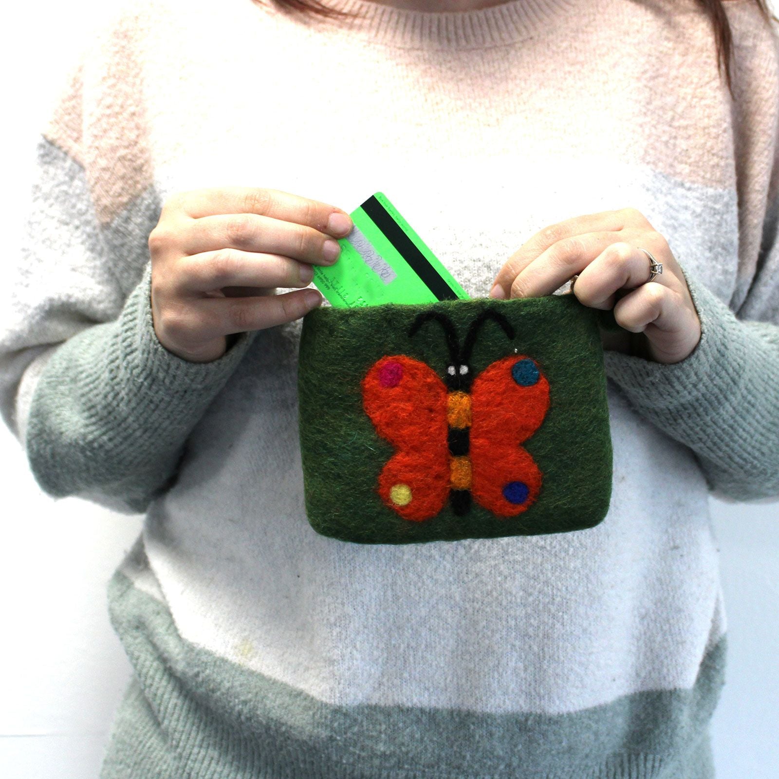 Natural Felt Zipper Pouch with Big Butterfly Design Assorted