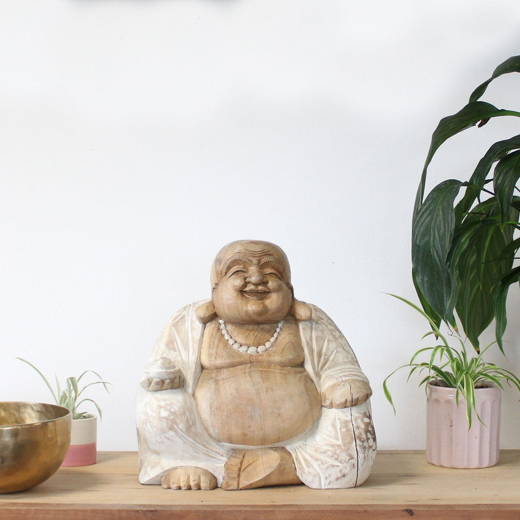 Happy Buddha Whitewash 30cm Hand Carved Decorative Statue