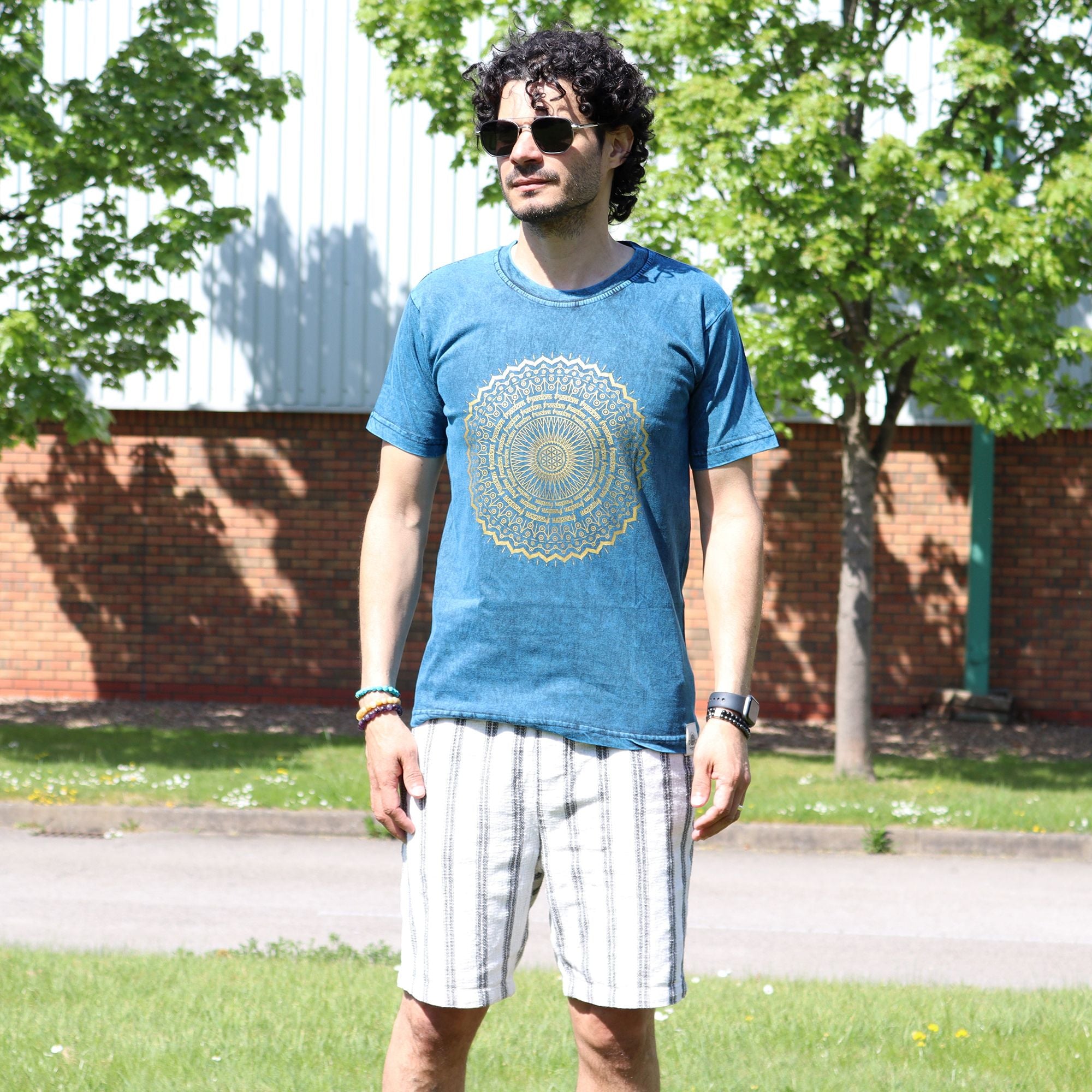 Nomad Sari Stonewashed Cotton T Shirt with Mandala Design Blue