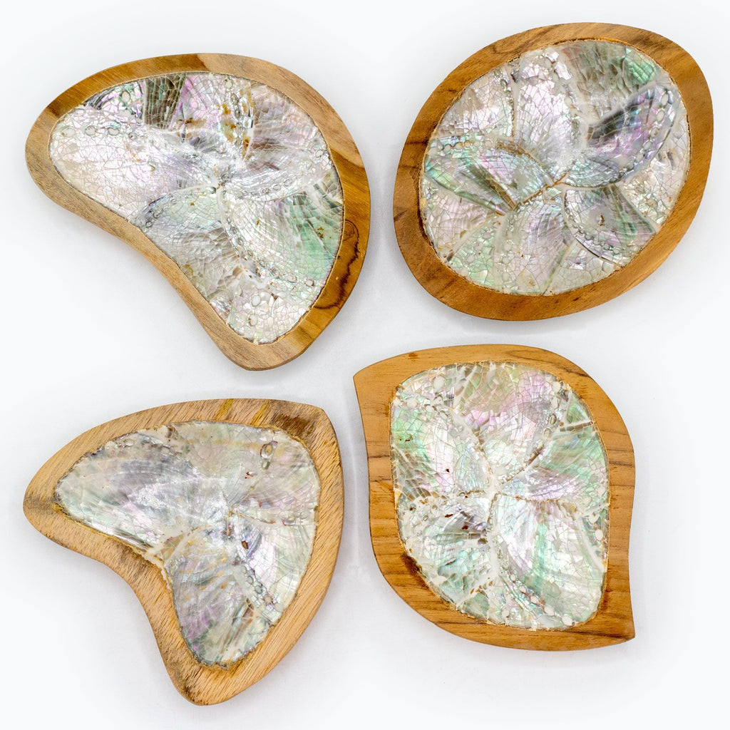 Set of 4 Teak Mini Bowls with Shell Decor for Home Display Use