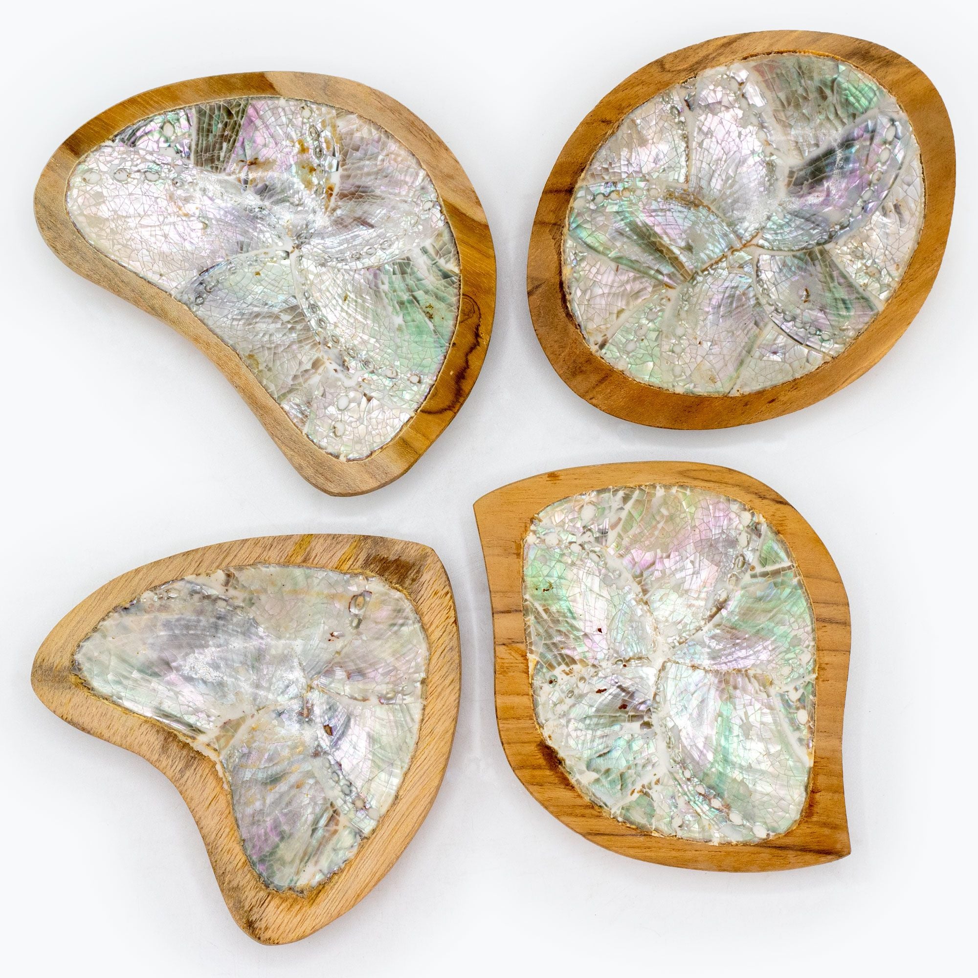 Set of 4 Teak Mini Bowls with Shell Decor for Home Display Use