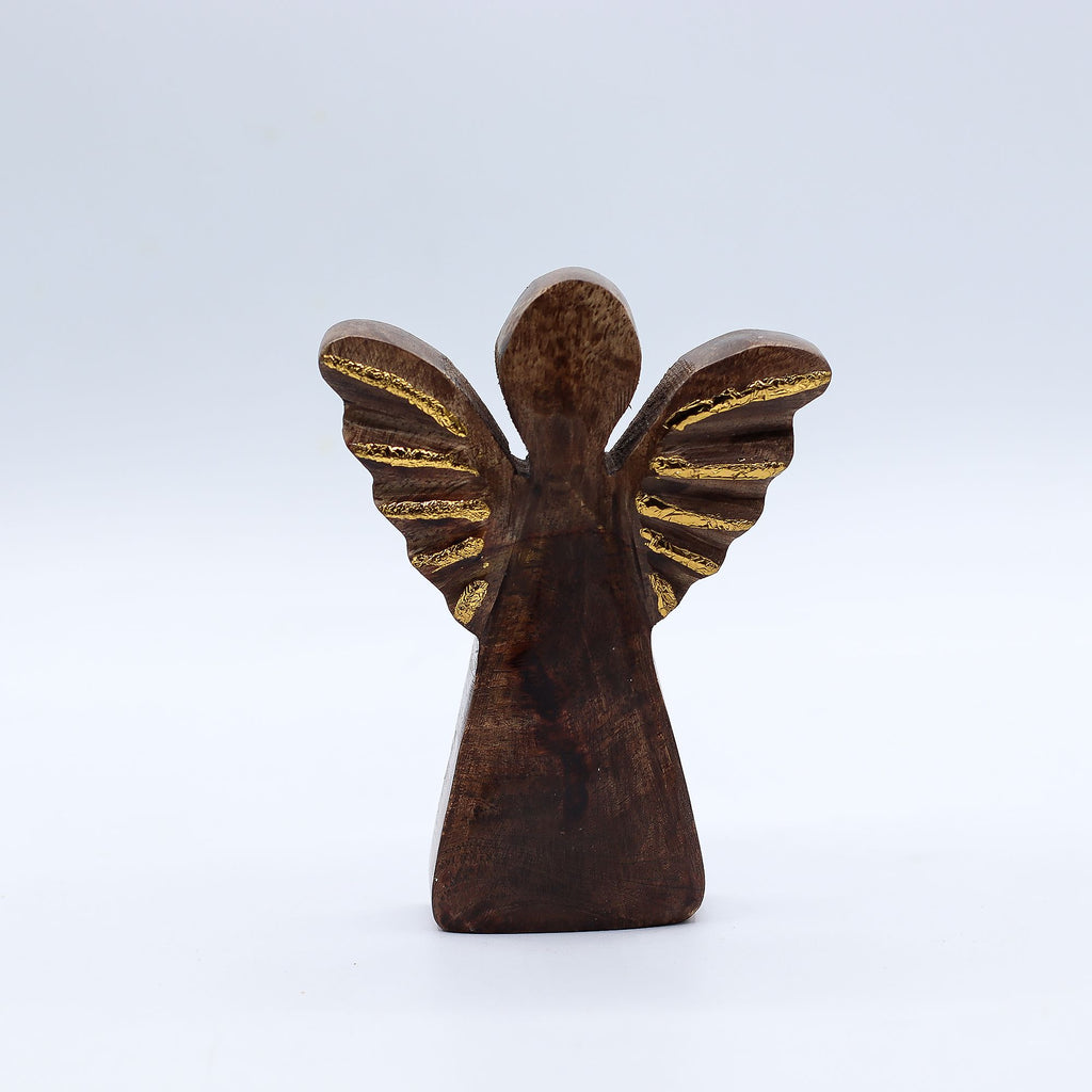 Small Mango Wood Angel with Elegant Gold Wings for Home Decor