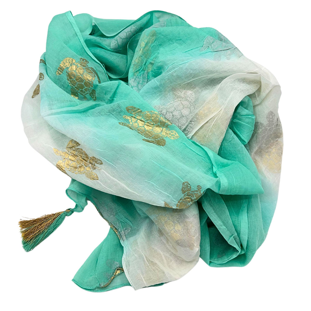 Nomad Sari Pareo in White and Turquoise with Gold Turtle Print