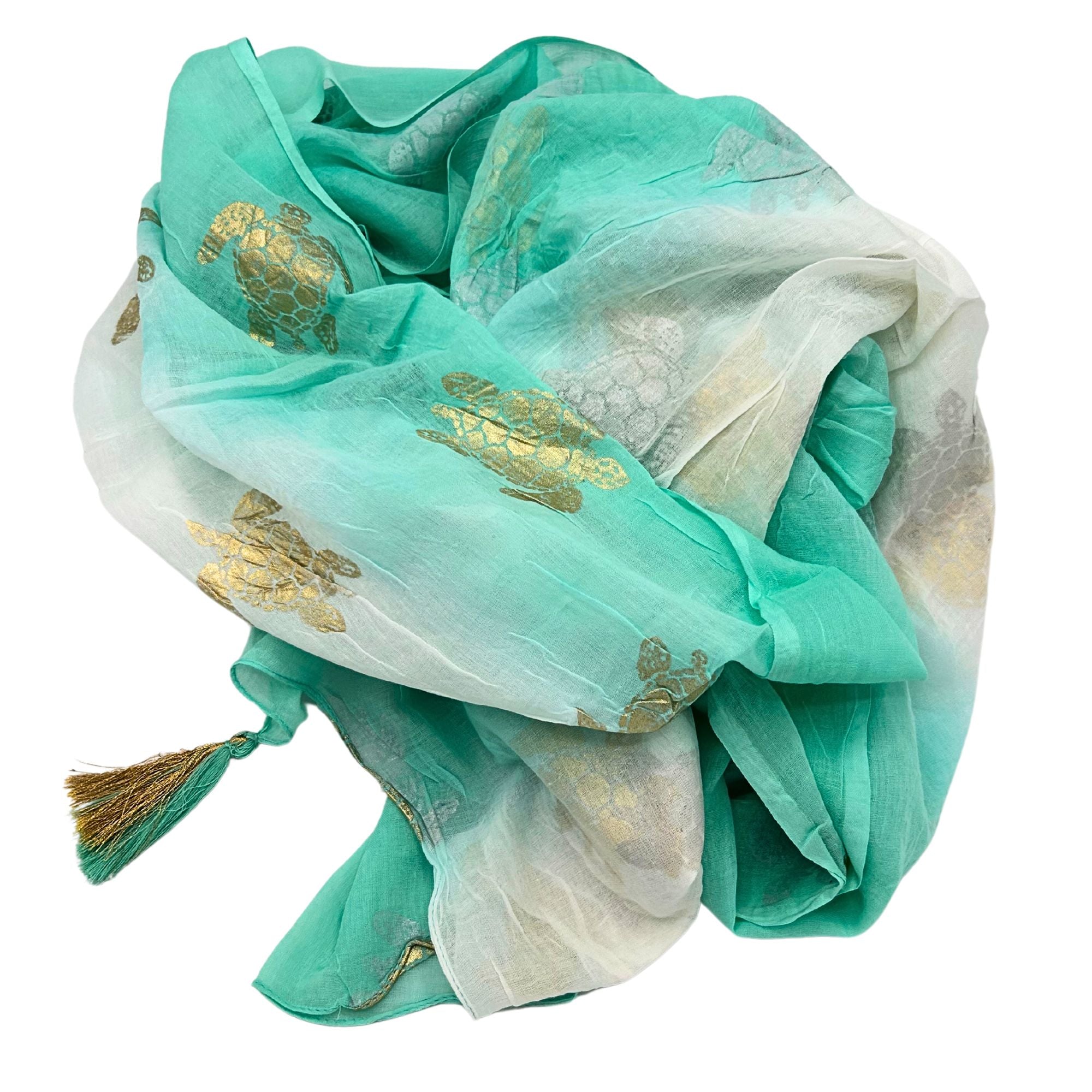 Nomad Sari Pareo in White and Turquoise with Gold Turtle Print