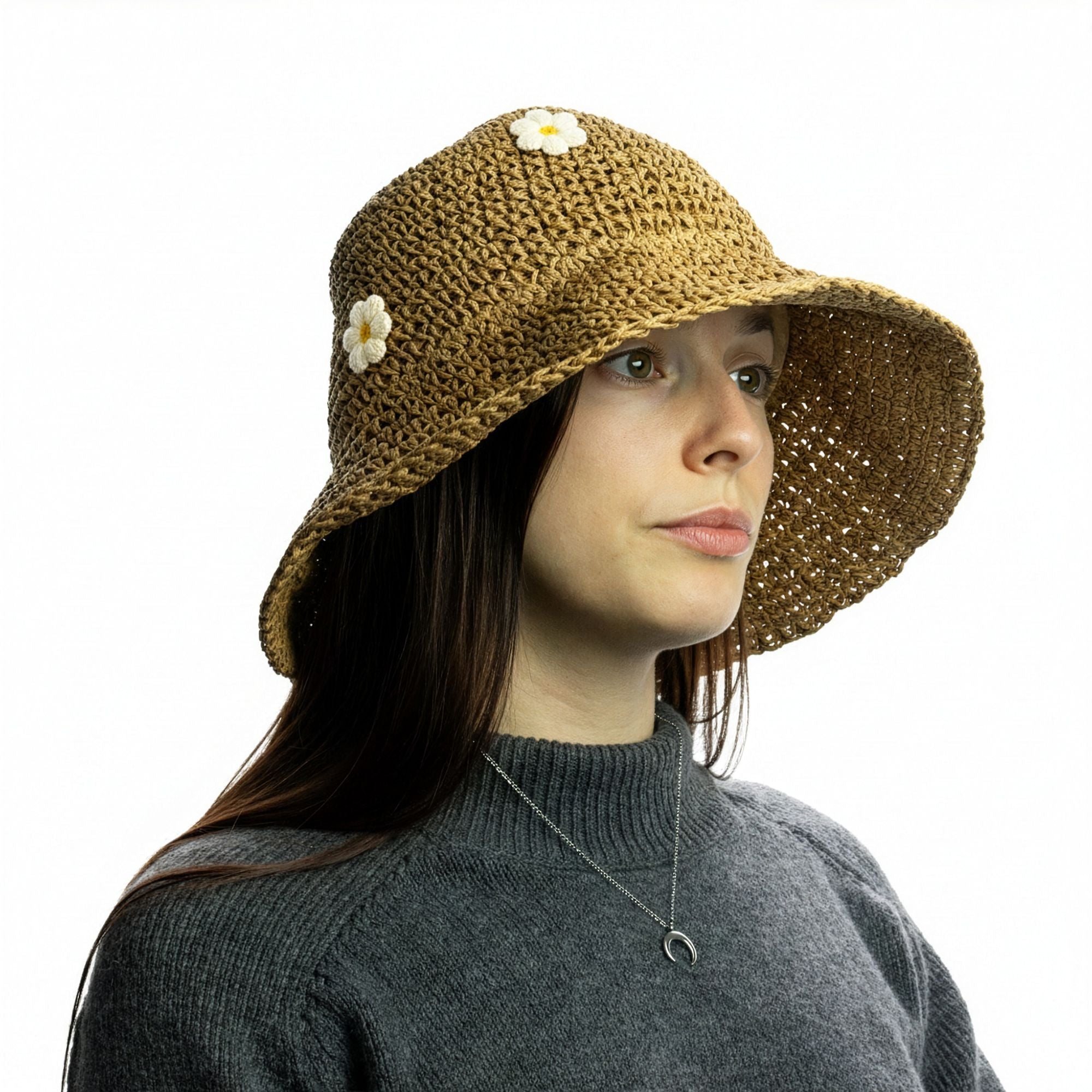 Nomad Sari Floppy Straw Sun Hat in Coffee and Daisies Design