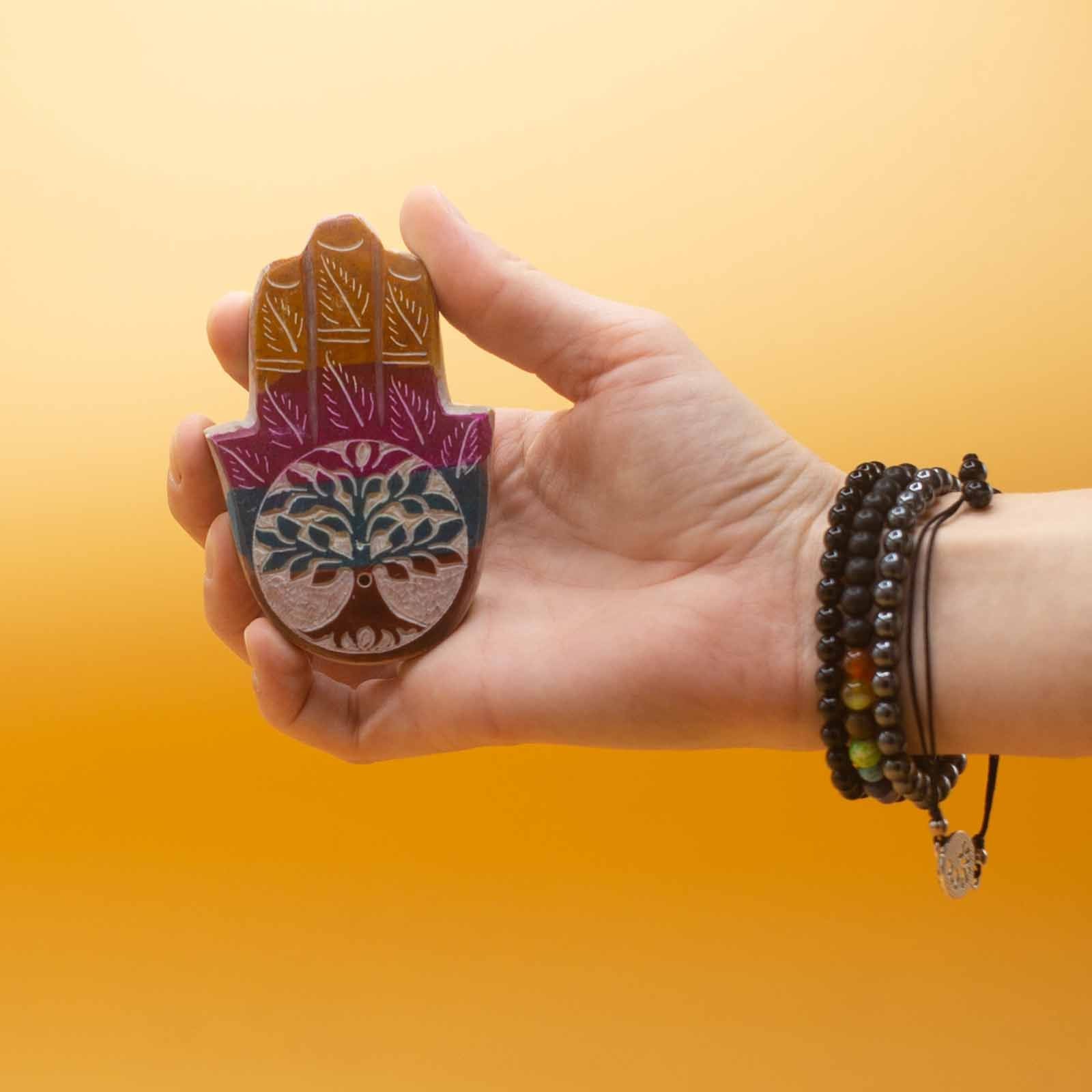 Soapstone Hamsa Incense Holder with Tree of Life Design 9x6cm