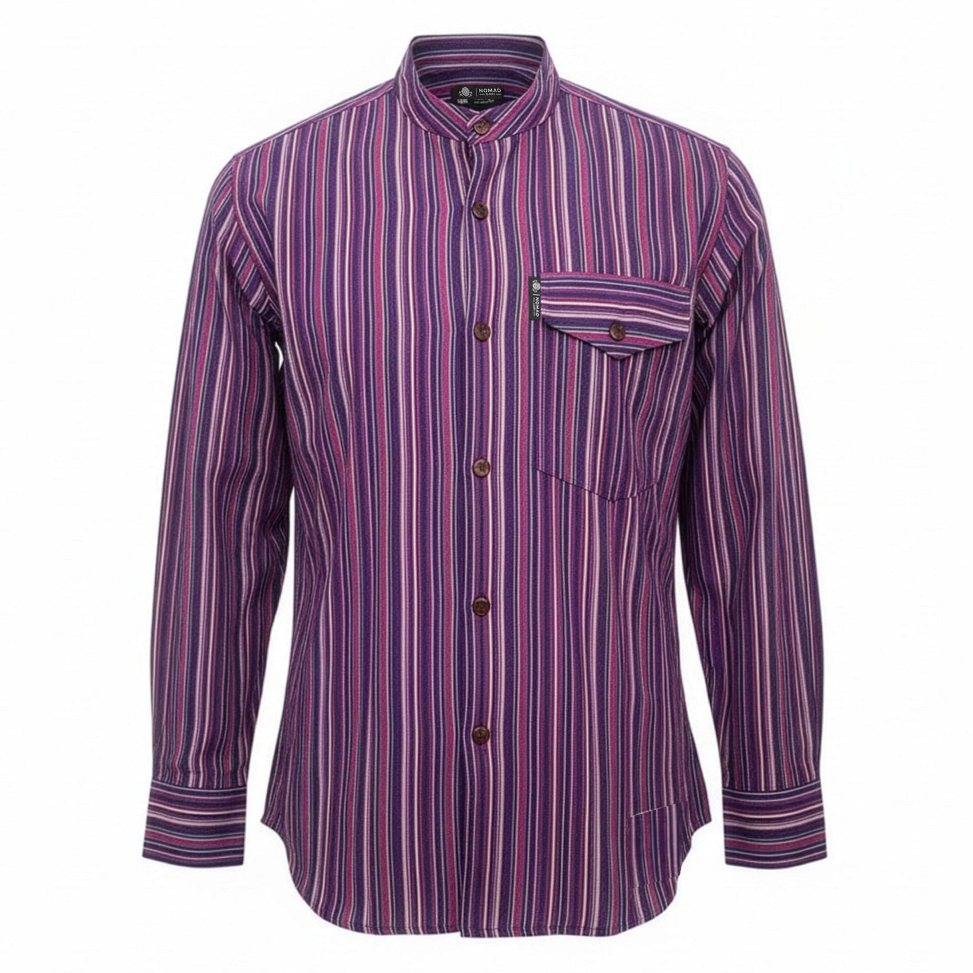 Nomad Sari Grandad Shirt in Black Purple with Bold Stripes