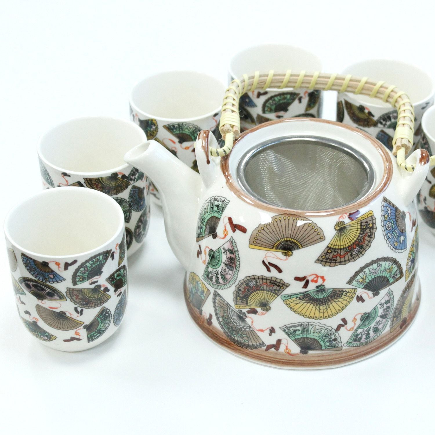 Herbal Teapot Set with China Fans Design and Six Matching Cups