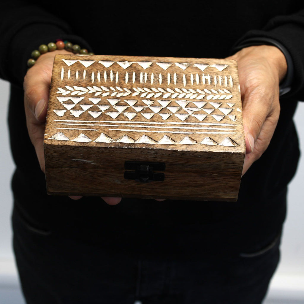 White Washed Wooden Box with Aztec Design for Stylish Storage