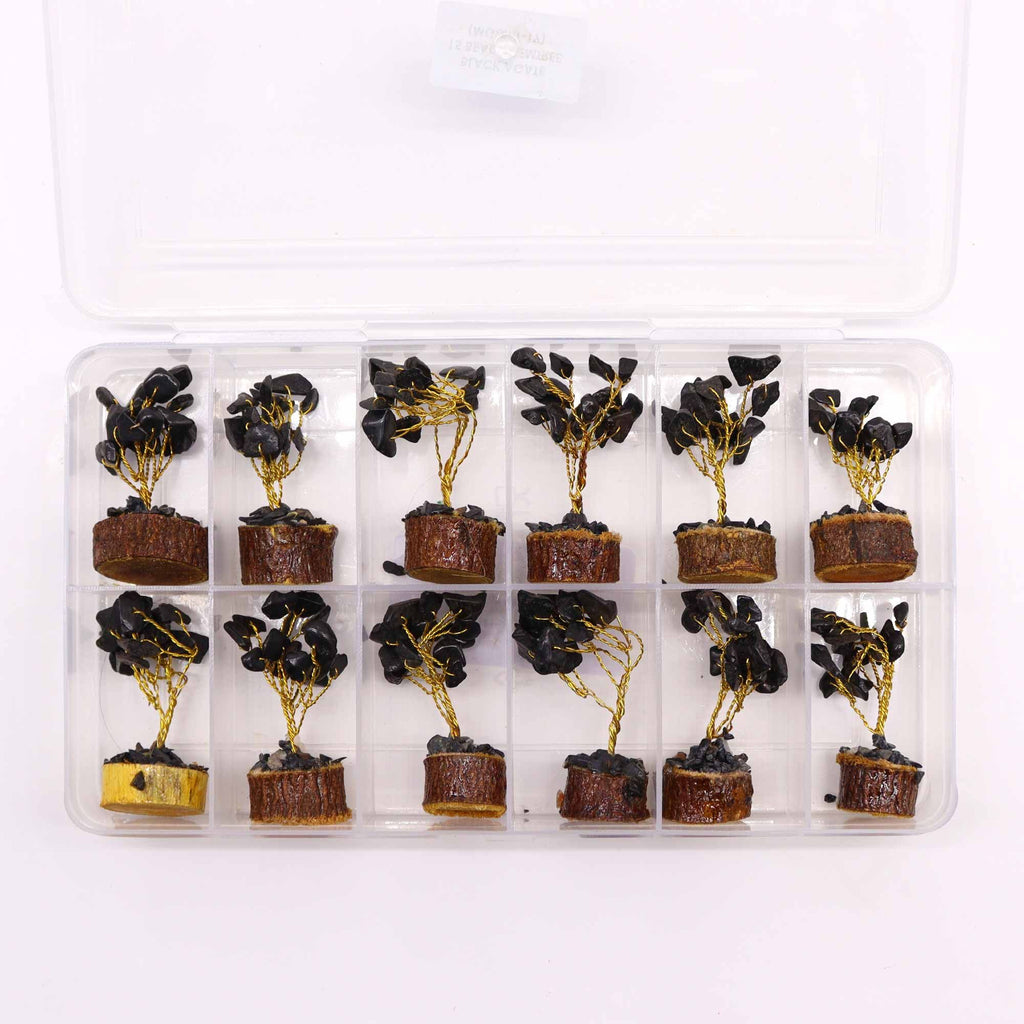 Mini Gemstone Tree on Wood Base with 15 Black Agate Stones